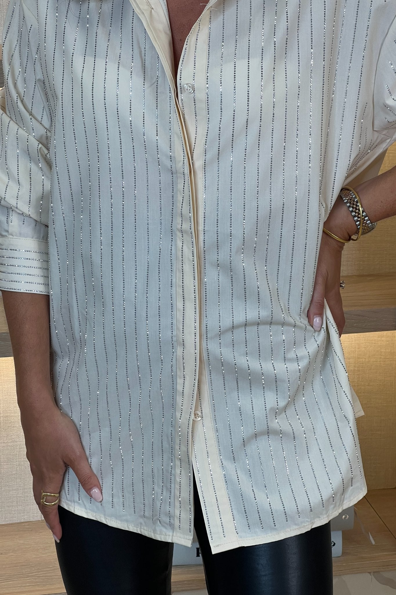 Flynn Sparkle Pinstripe Shirt In Cream - The Walk in Wardrobe