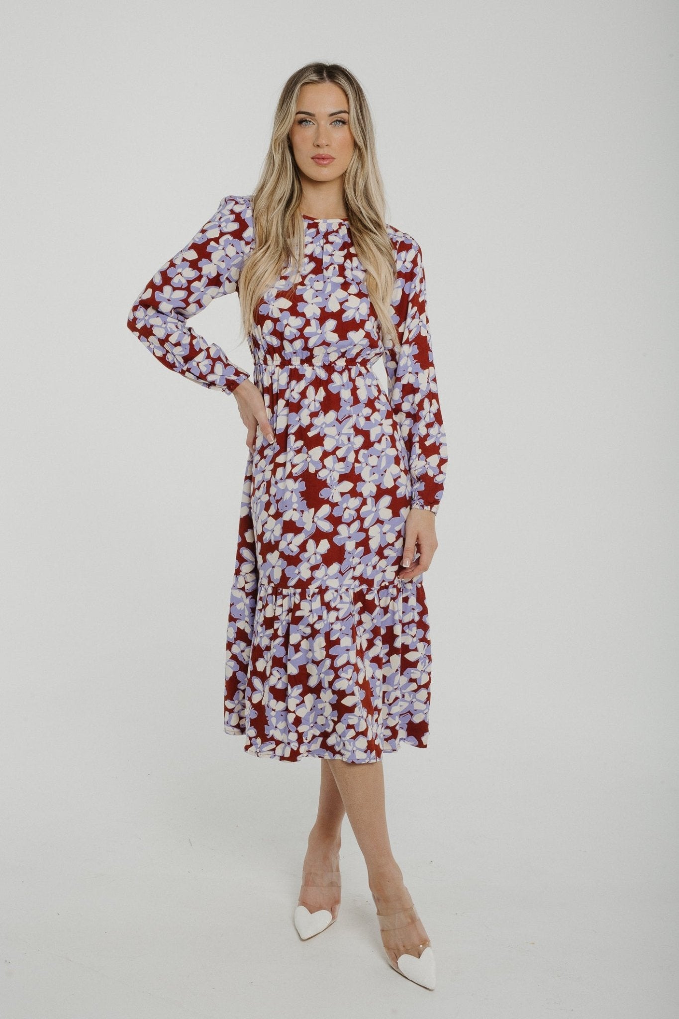 Frankie Peplum Midi Dress In Lilac Print - The Walk in Wardrobe