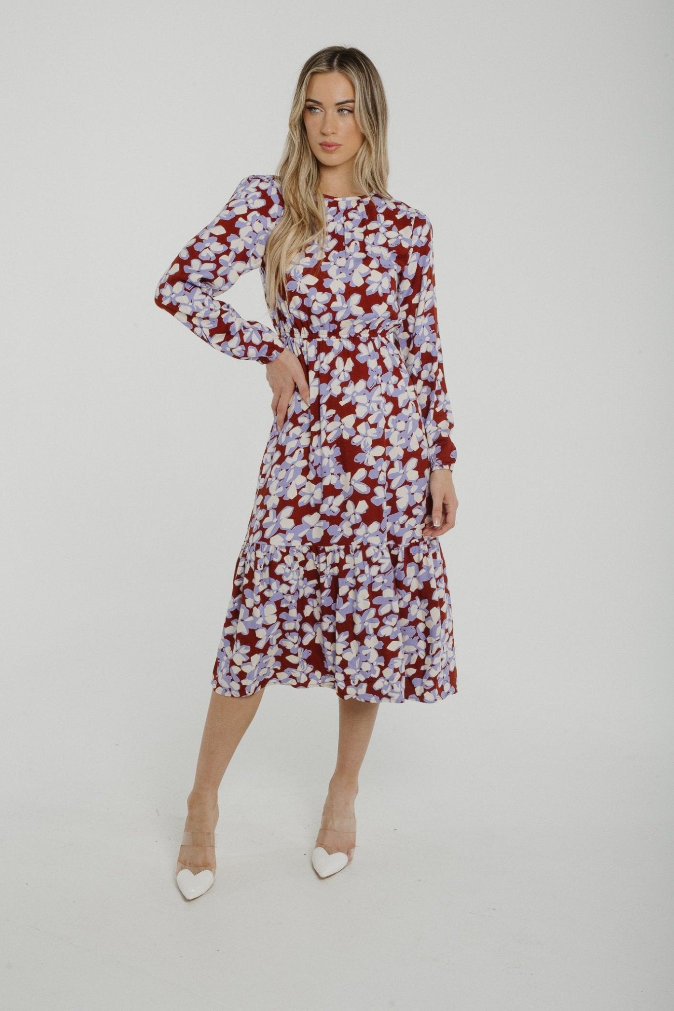 Frankie Peplum Midi Dress In Lilac Print - The Walk in Wardrobe