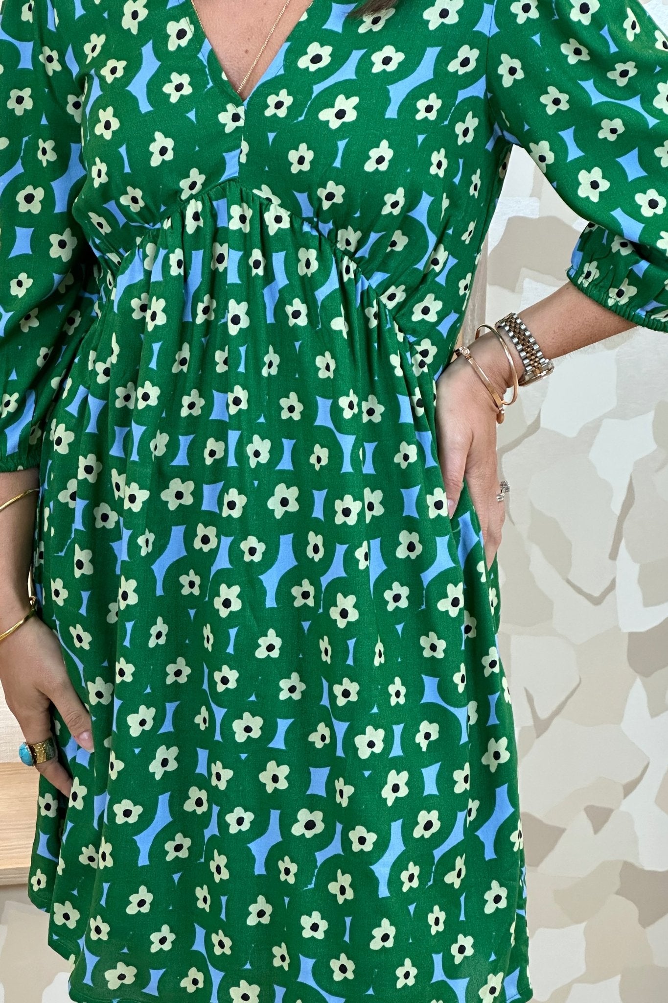 Frankie Tie Detail Dress In Green Print - The Walk in Wardrobe