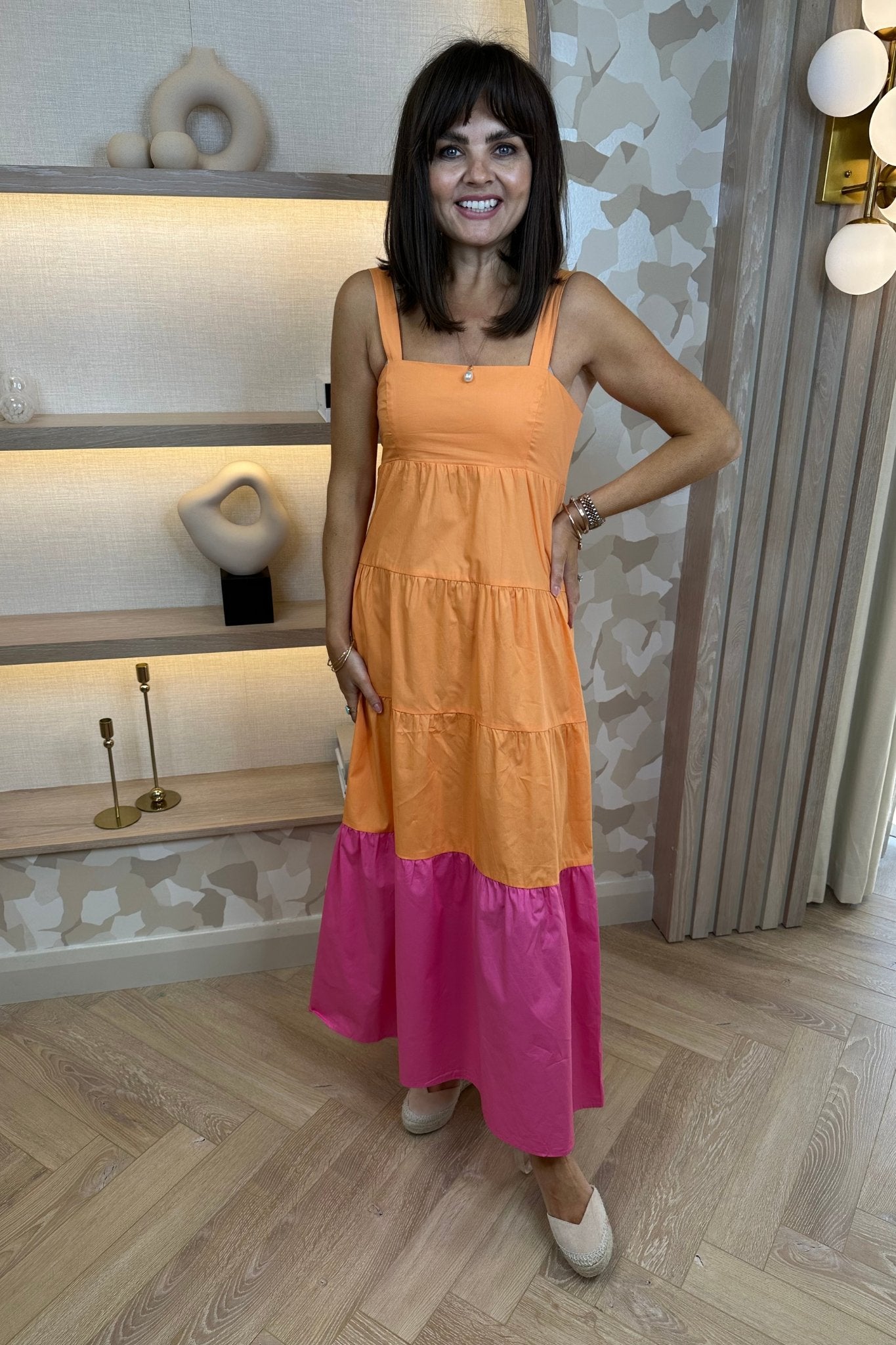 Frankie Tiered Dress In Orange Mix - The Walk in Wardrobe