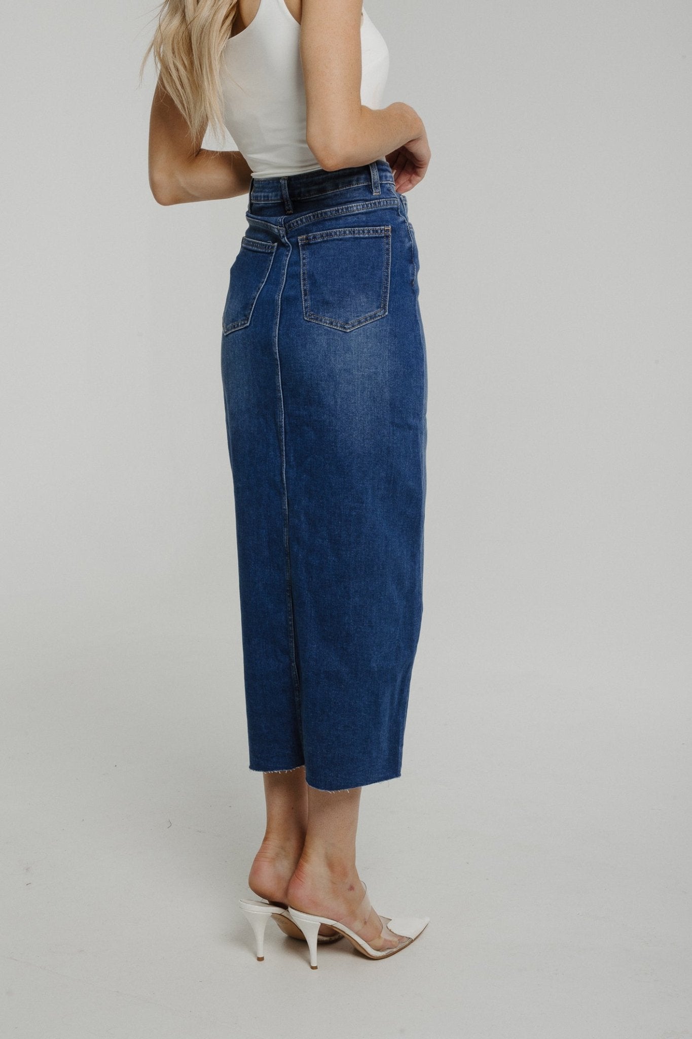 Freya Denim Asymmetric Skirt In Mid Wash - The Walk in Wardrobe