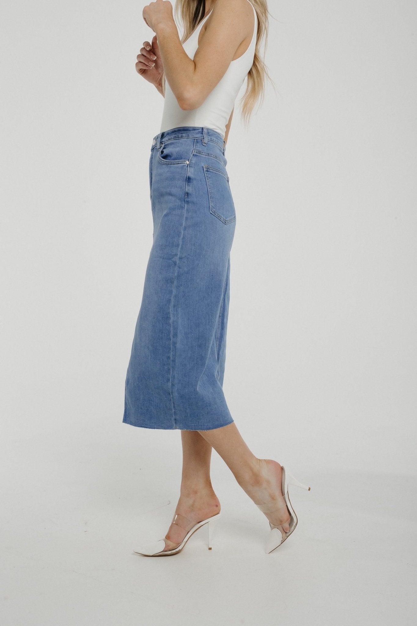 Freya Denim Midi Skirt In Light Wash - The Walk in Wardrobe