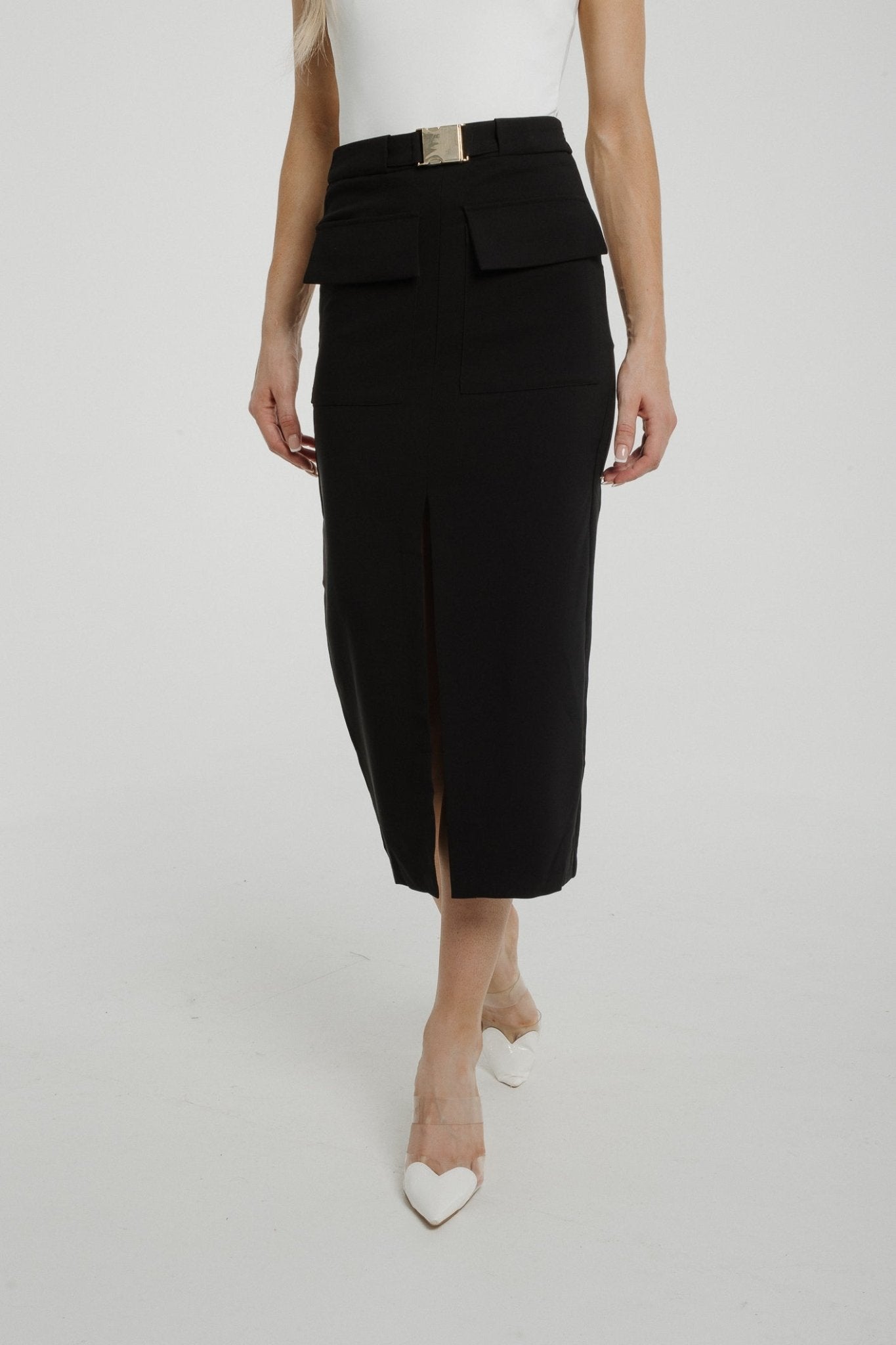 Freya Gold Buckle Pencil Skirt In Black - The Walk in Wardrobe
