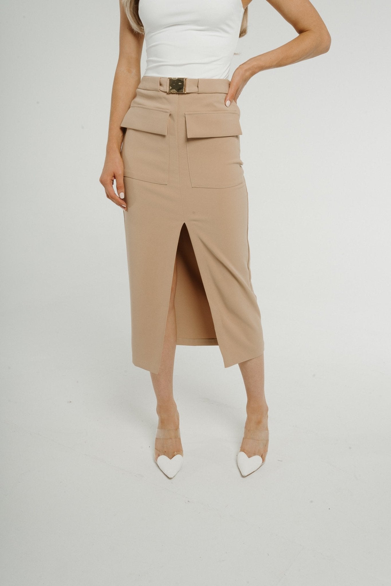 Freya Gold Buckle Pencil Skirt In Tan - The Walk in Wardrobe