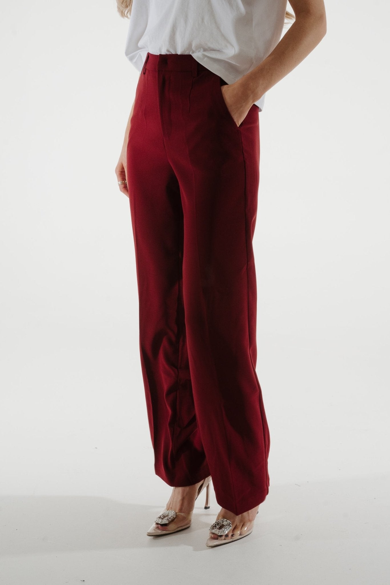 Freya Pleat Front Wide Leg Trouser In Wine - The Walk in Wardrobe