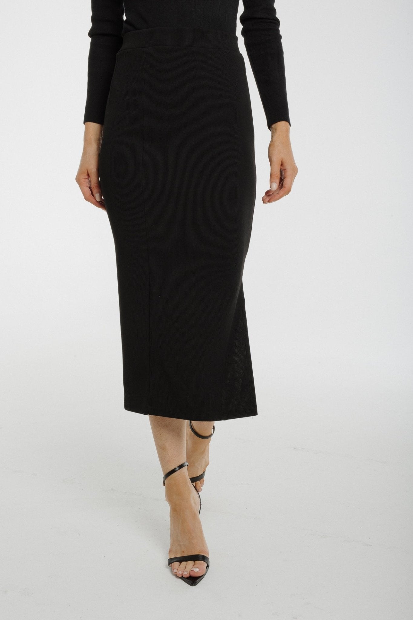 Freya Ribbed Midi Skirt In Black - The Walk in Wardrobe