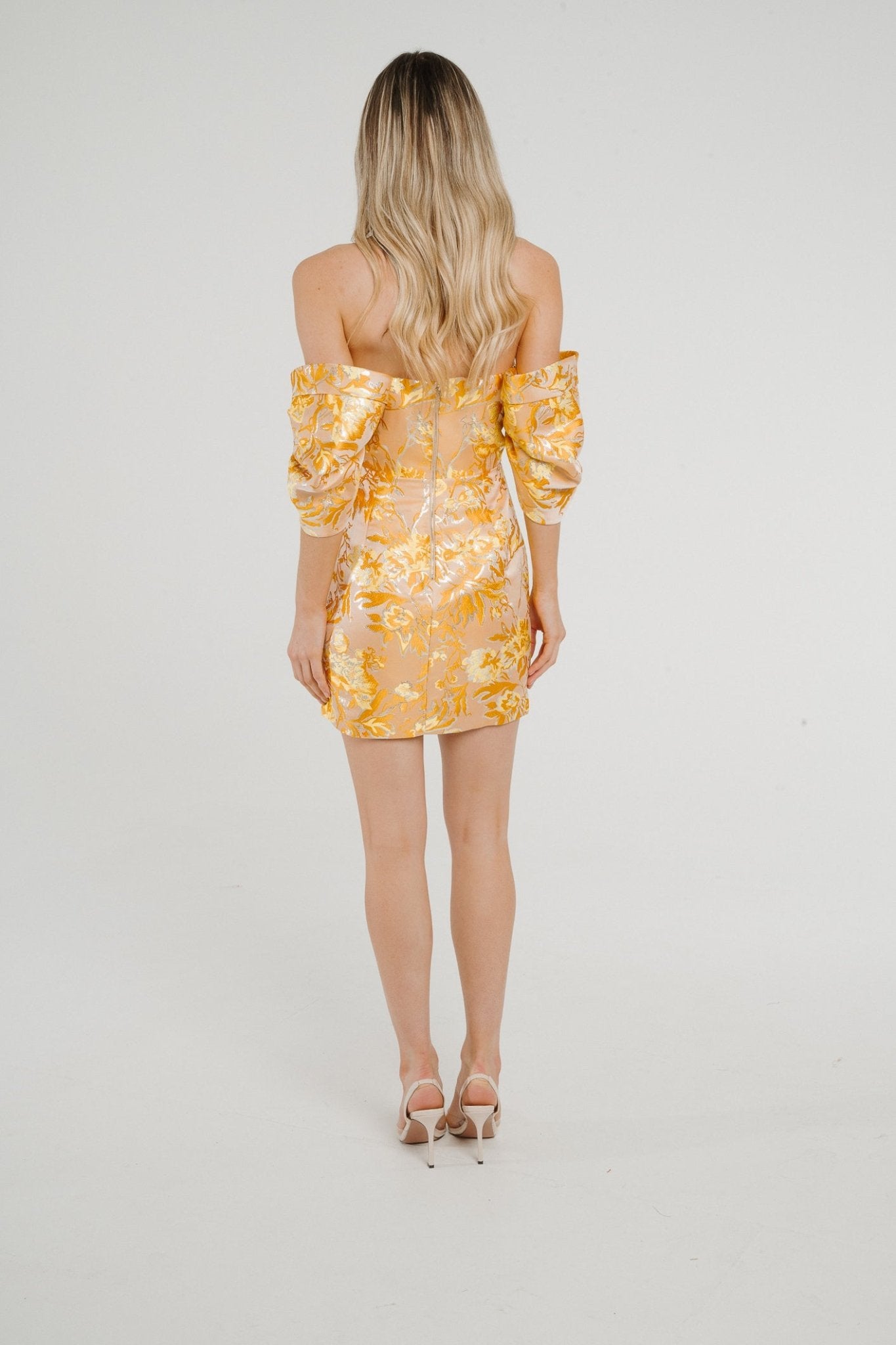 Holly Bandeau Puff Sleeve Dress In Yellow - The Walk in Wardrobe
