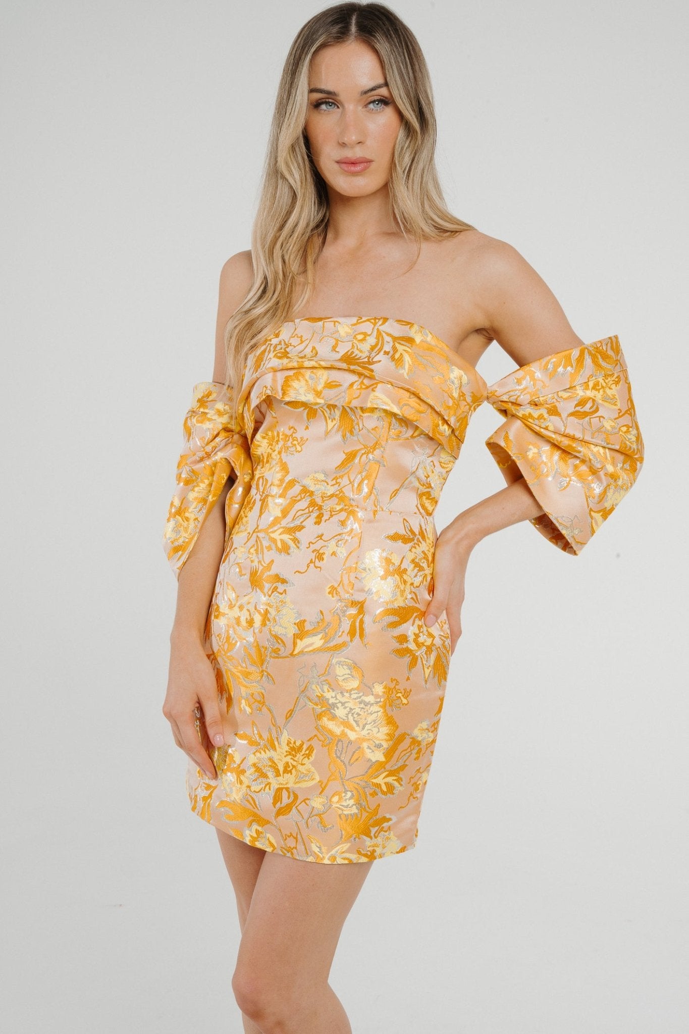 Holly Bandeau Puff Sleeve Dress In Yellow - The Walk in Wardrobe