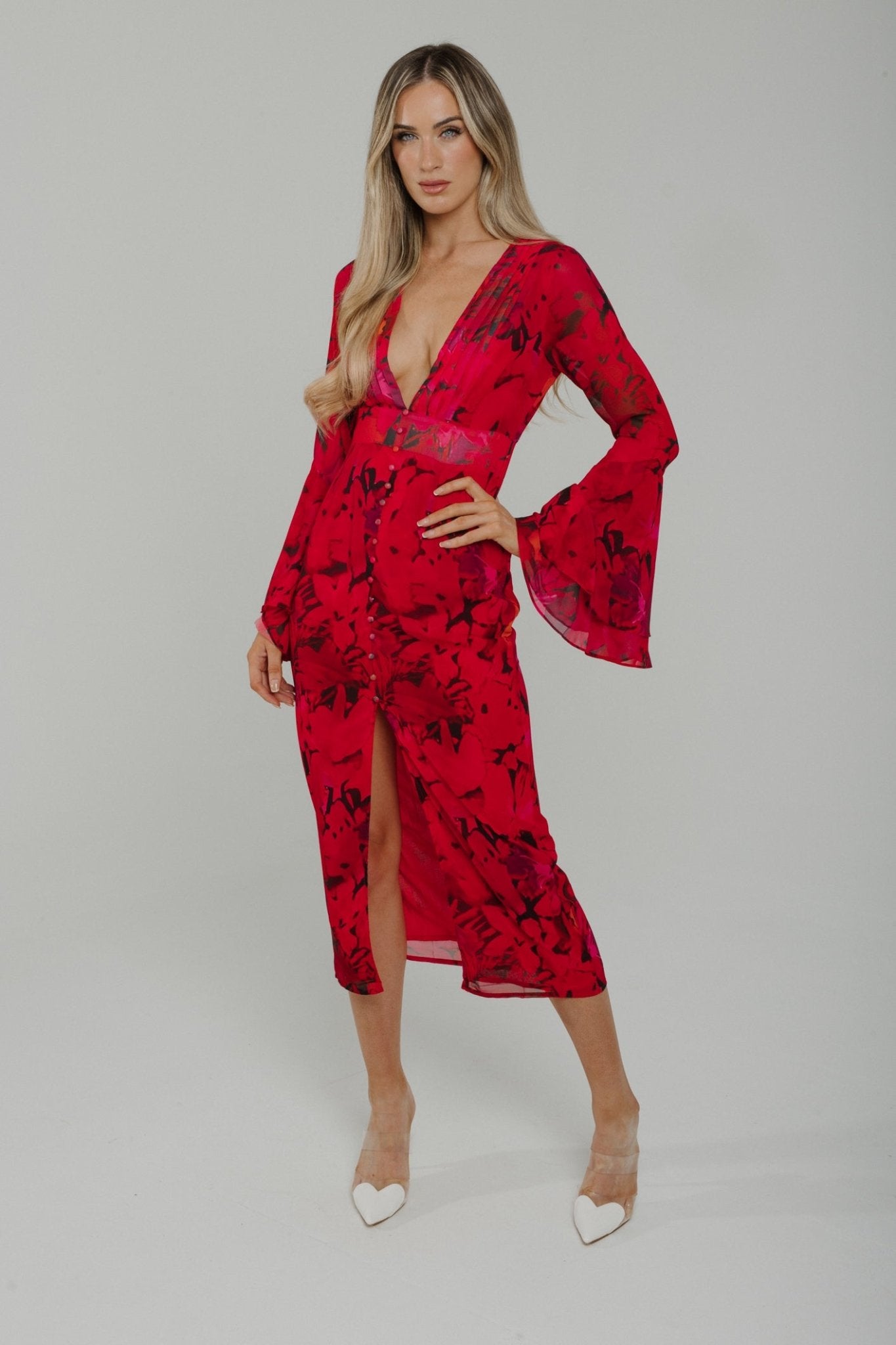 Holly Bell Sleeve Dress In Red Mix - The Walk in Wardrobe