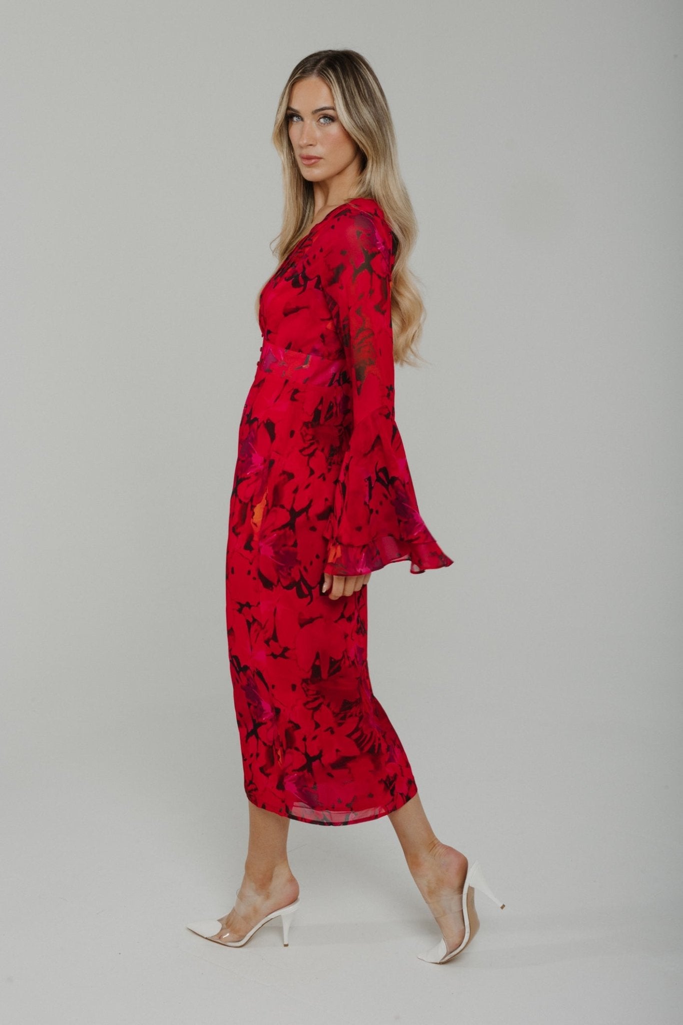 Holly Bell Sleeve Dress In Red Mix - The Walk in Wardrobe
