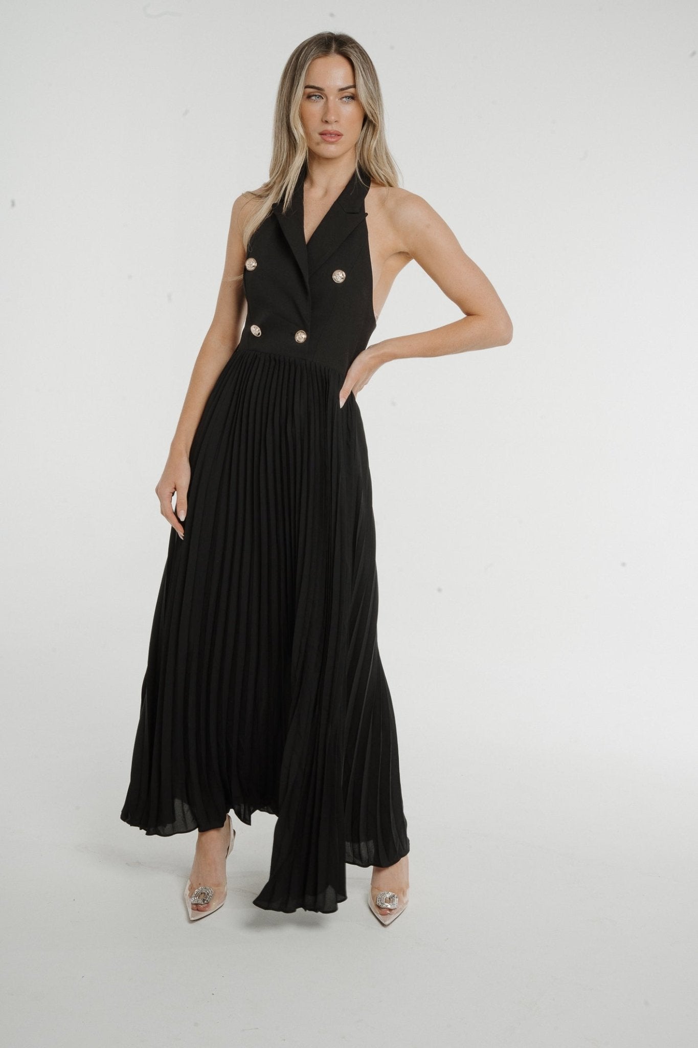 Holly Belted Pleated Midi Dress In Black - The Walk in Wardrobe