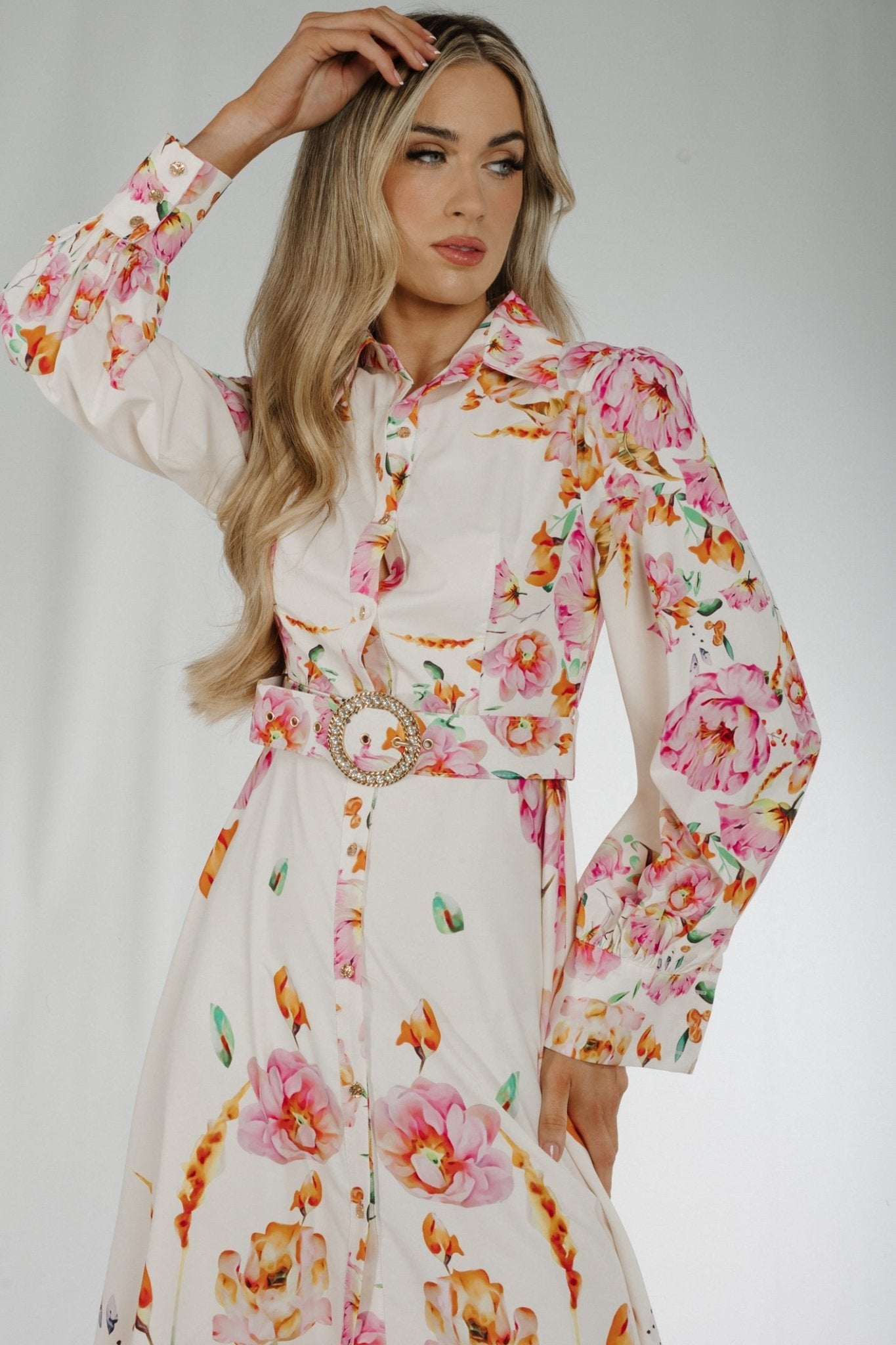 Holly Belted Shirt Dress In Pink Floral - The Walk in Wardrobe