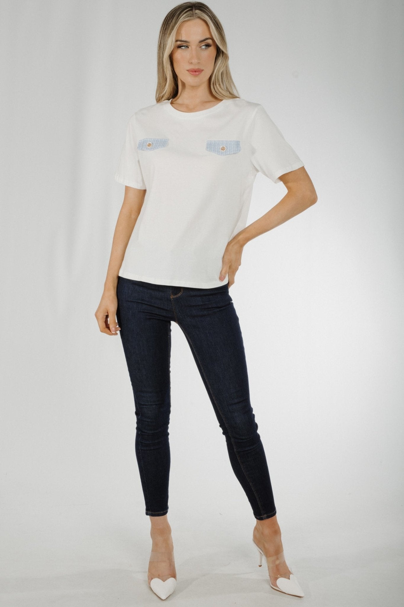 Holly Blue Pocket Detail T-Shirt In White - The Walk in Wardrobe