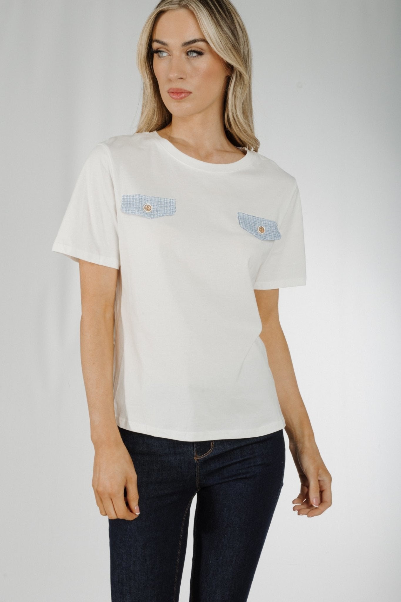 Holly Blue Pocket Detail T-Shirt In White - The Walk in Wardrobe