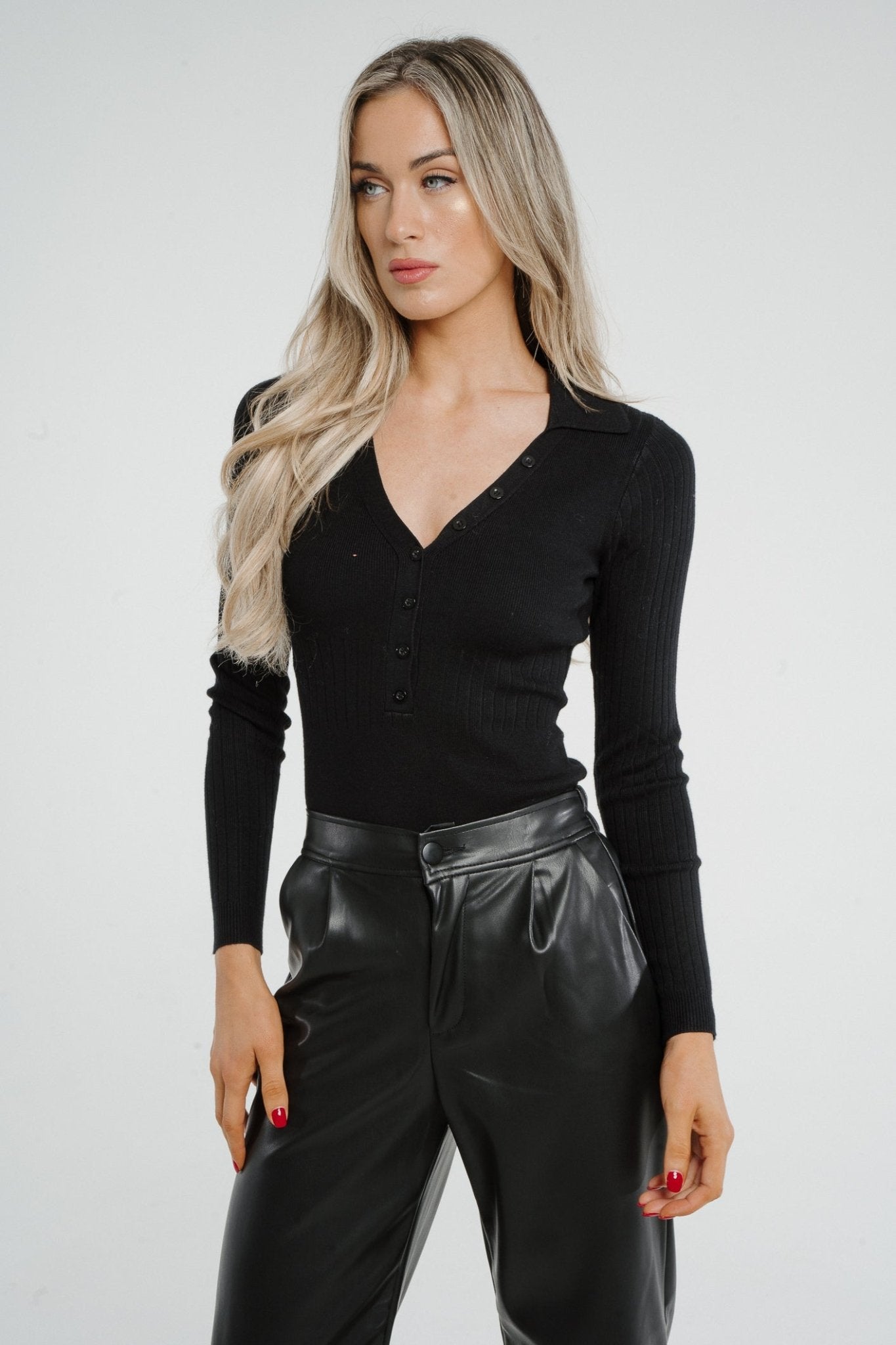 Holly Button Detail Bodysuit In Black - The Walk in Wardrobe