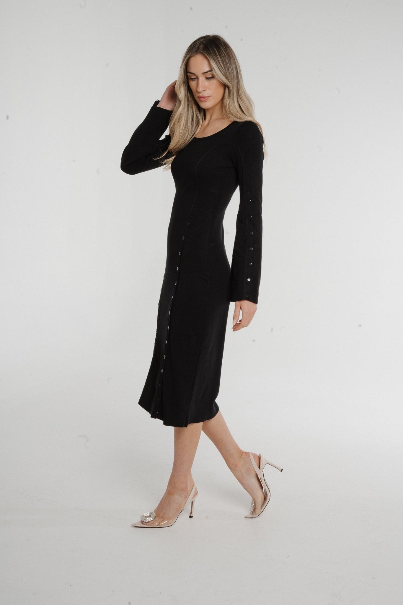 Holly Button Detail Knit Midi Dress In Black - The Walk in Wardrobe