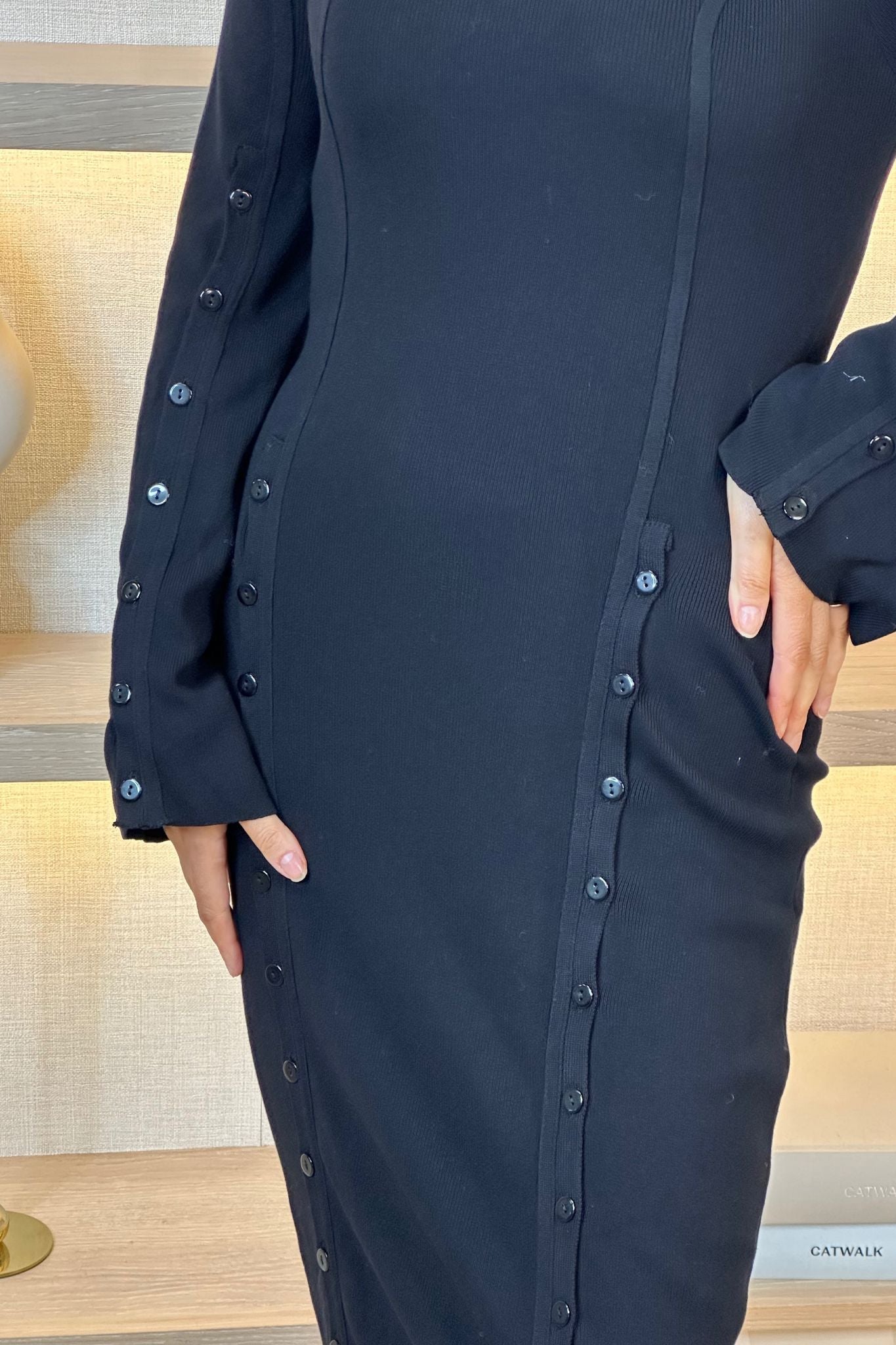 Holly Button Detail Knit Midi Dress In Black - The Walk in Wardrobe