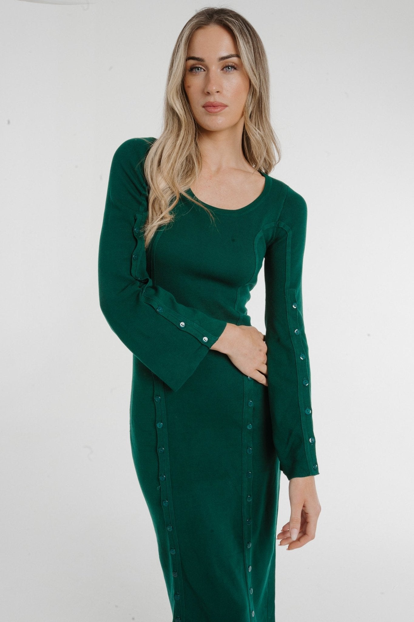 Holly Button Detail Knit Midi Dress In Green - The Walk in Wardrobe