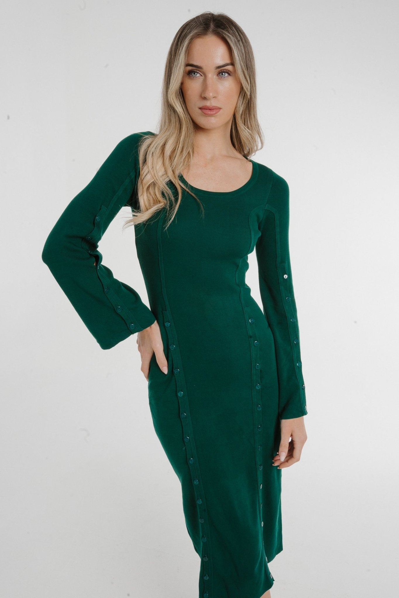 Holly Button Detail Knit Midi Dress In Green - The Walk in Wardrobe