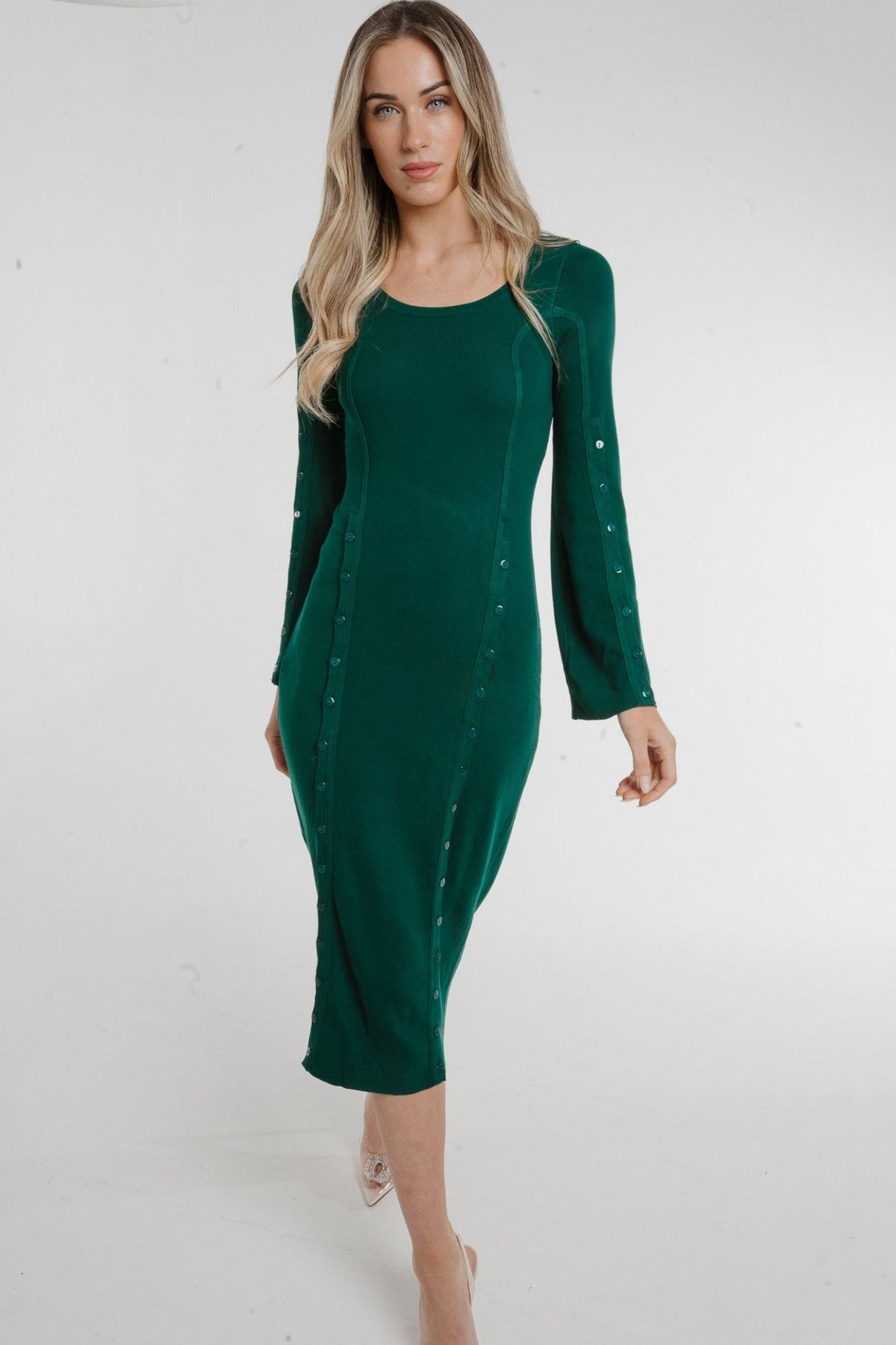Holly Button Detail Knit Midi Dress In Green - The Walk in Wardrobe