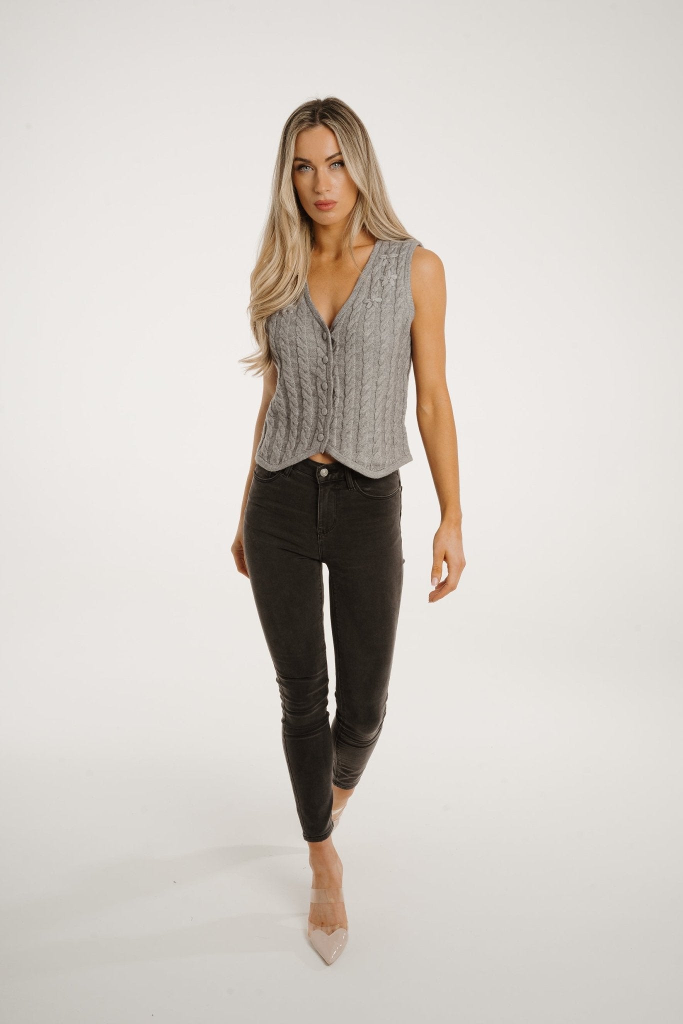 Holly Cable Knit Waistcoat In Grey - The Walk in Wardrobe