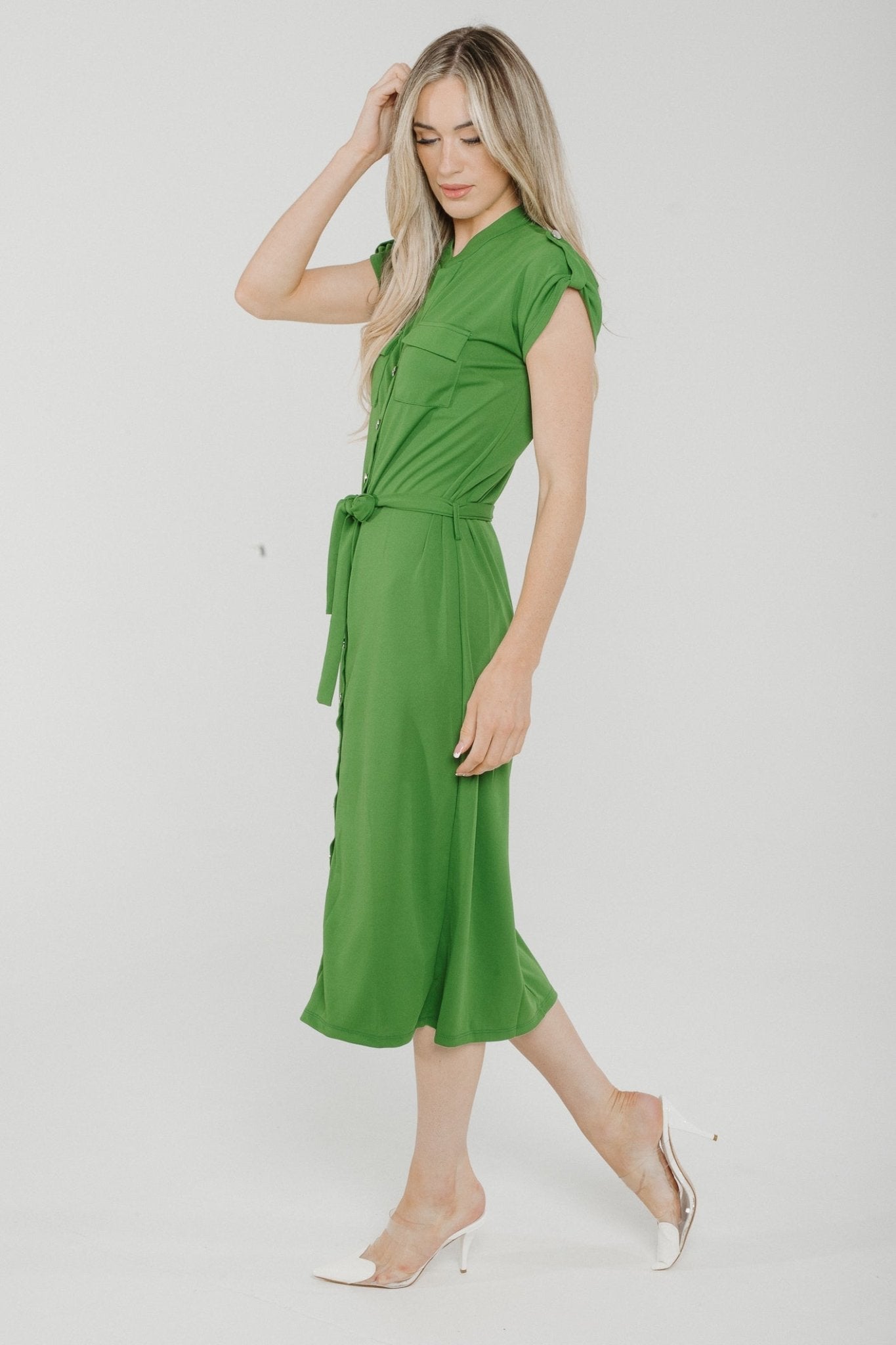 Holly Cap Sleeve Shirt Dress In Green - The Walk in Wardrobe