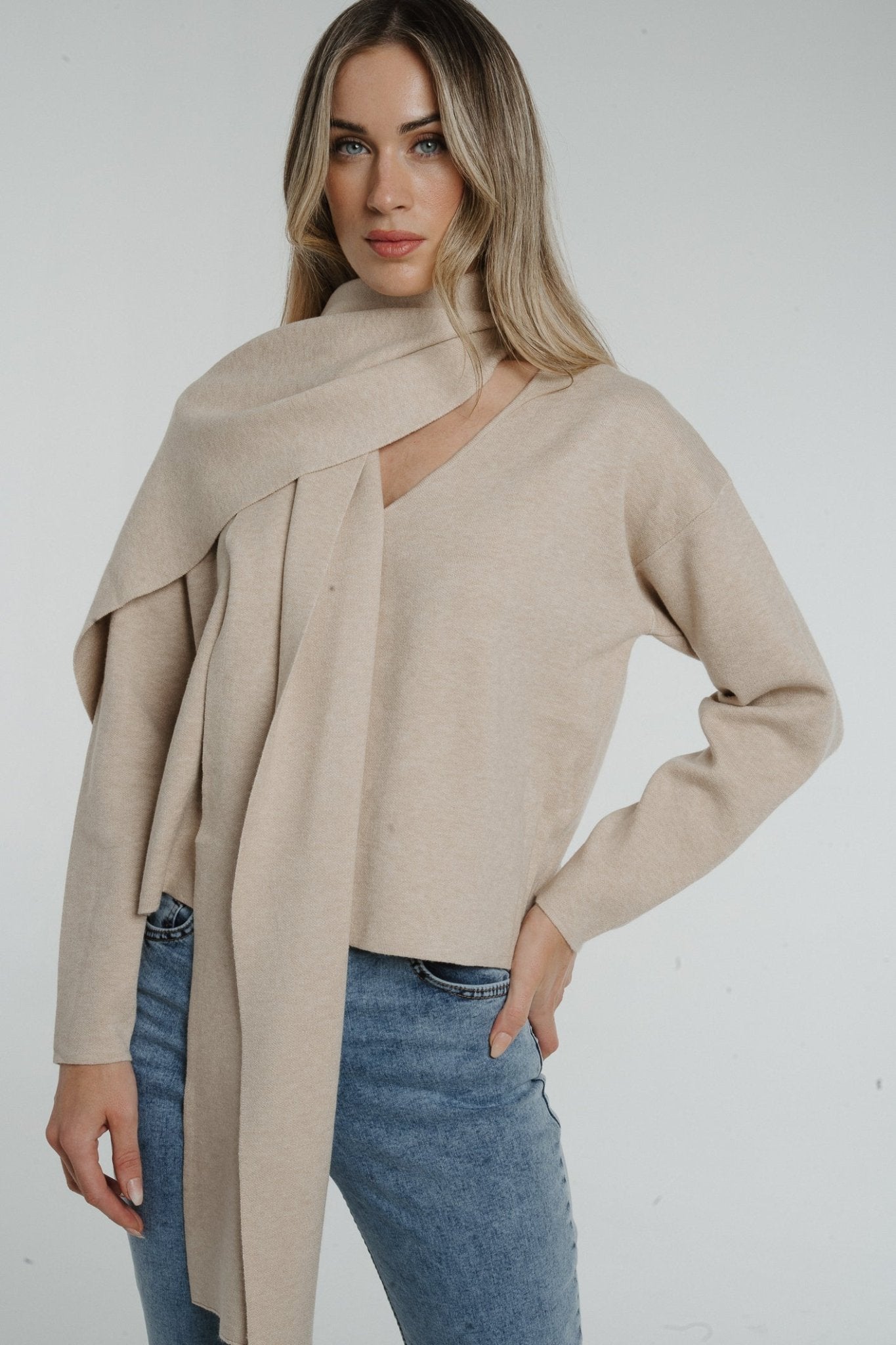 Holly Cardigan With Scarf In Neutral - The Walk in Wardrobe