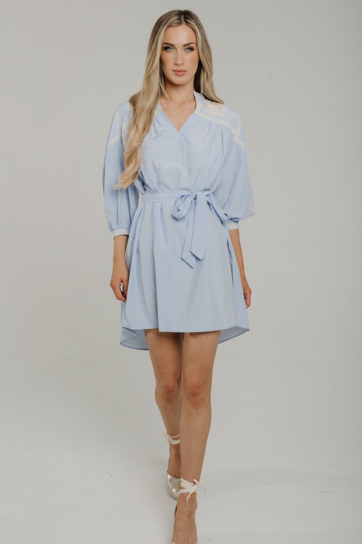 Holly Crochet Sleeve Dress In Light Blue - The Walk in Wardrobe