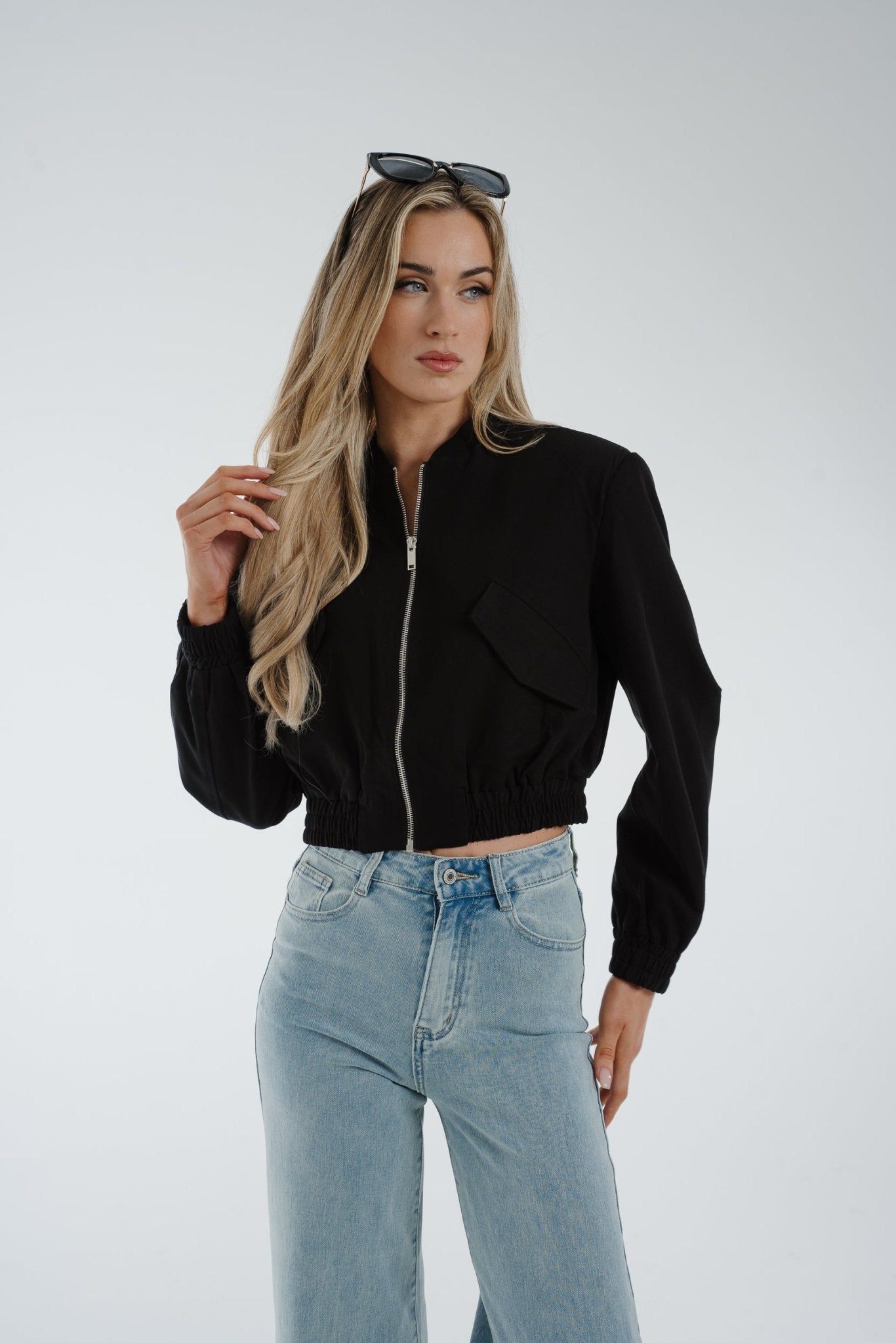Holly Cropped Bomber Jacket In Black - The Walk in Wardrobe