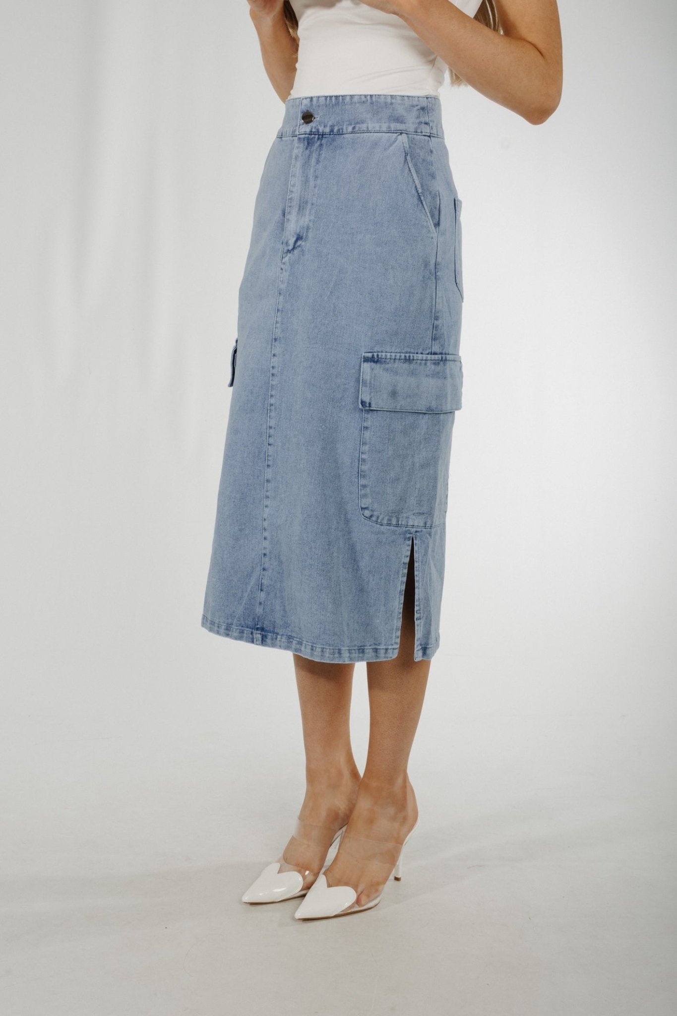 Holly Denim Midi Skirt In Light Wash - The Walk in Wardrobe