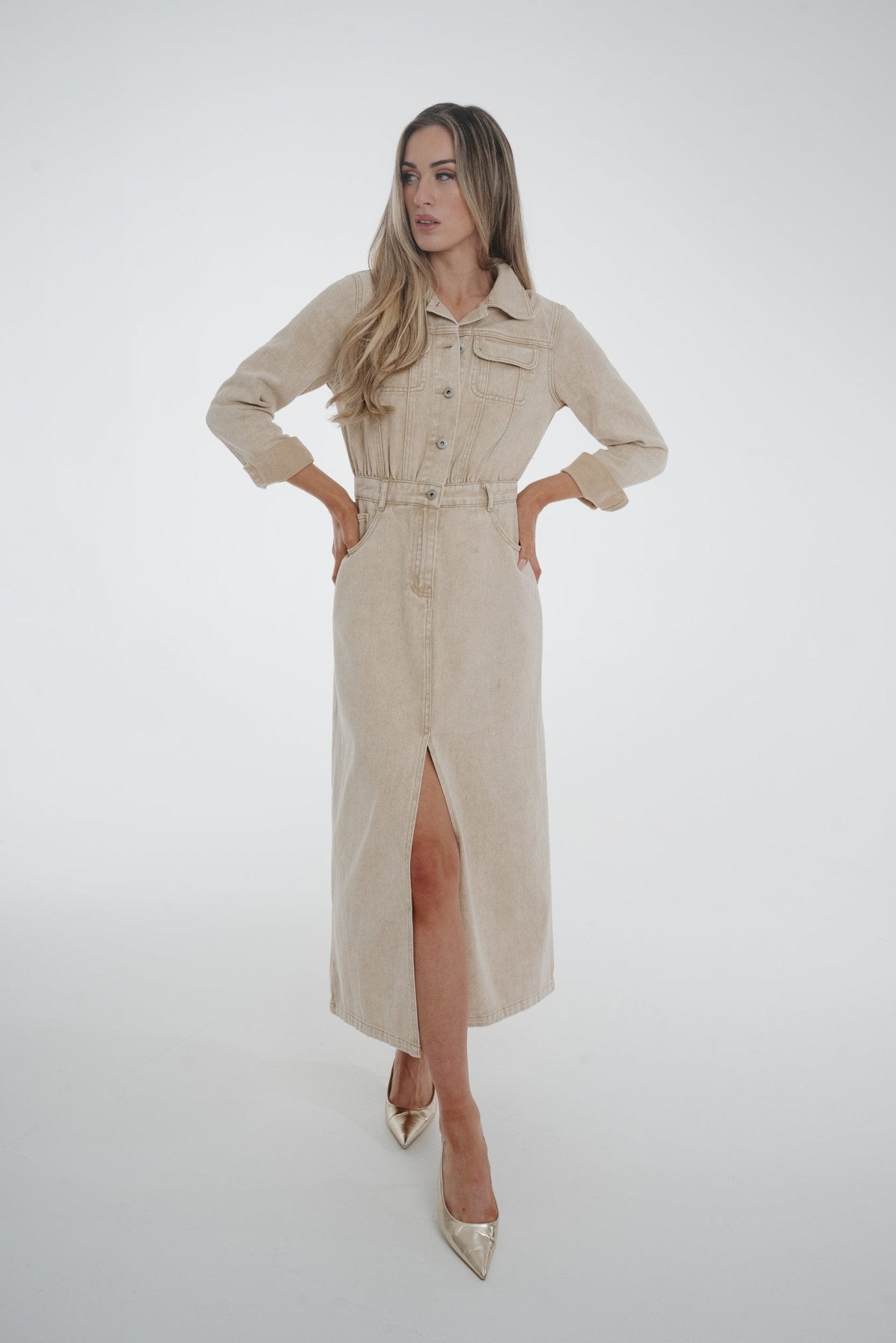 Holly Denim Shirt Dress In Neutral - The Walk in Wardrobe