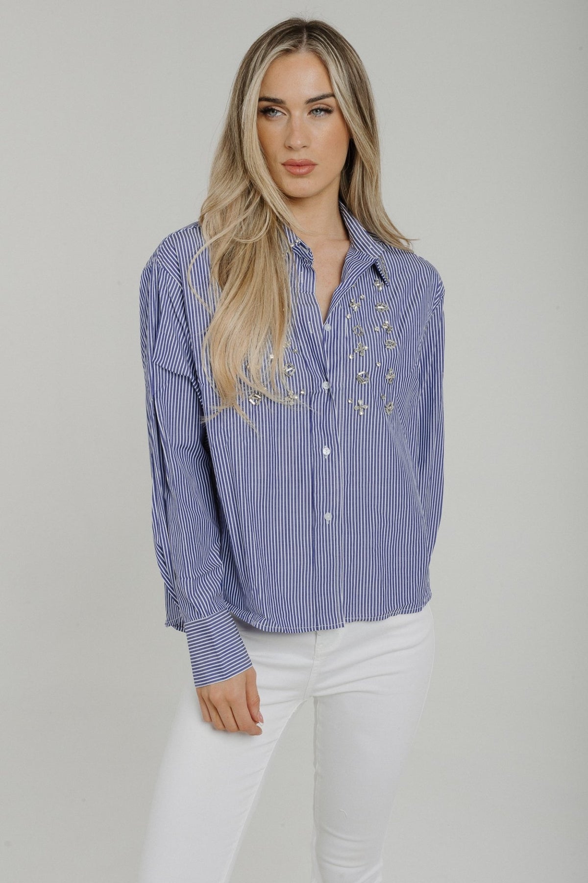 Holly Embellished Shirt In Blue Stripe - The Walk in Wardrobe