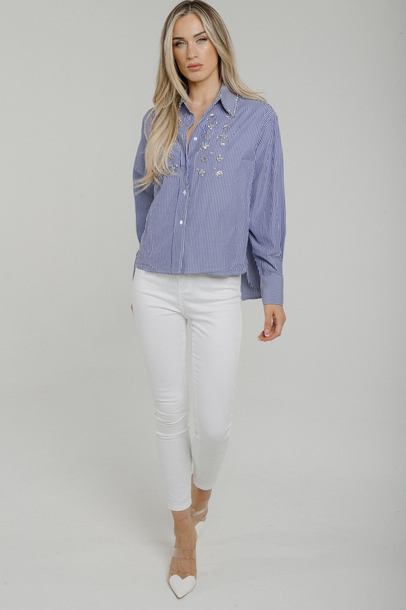 Holly Embellished Shirt In Blue Stripe - The Walk in Wardrobe