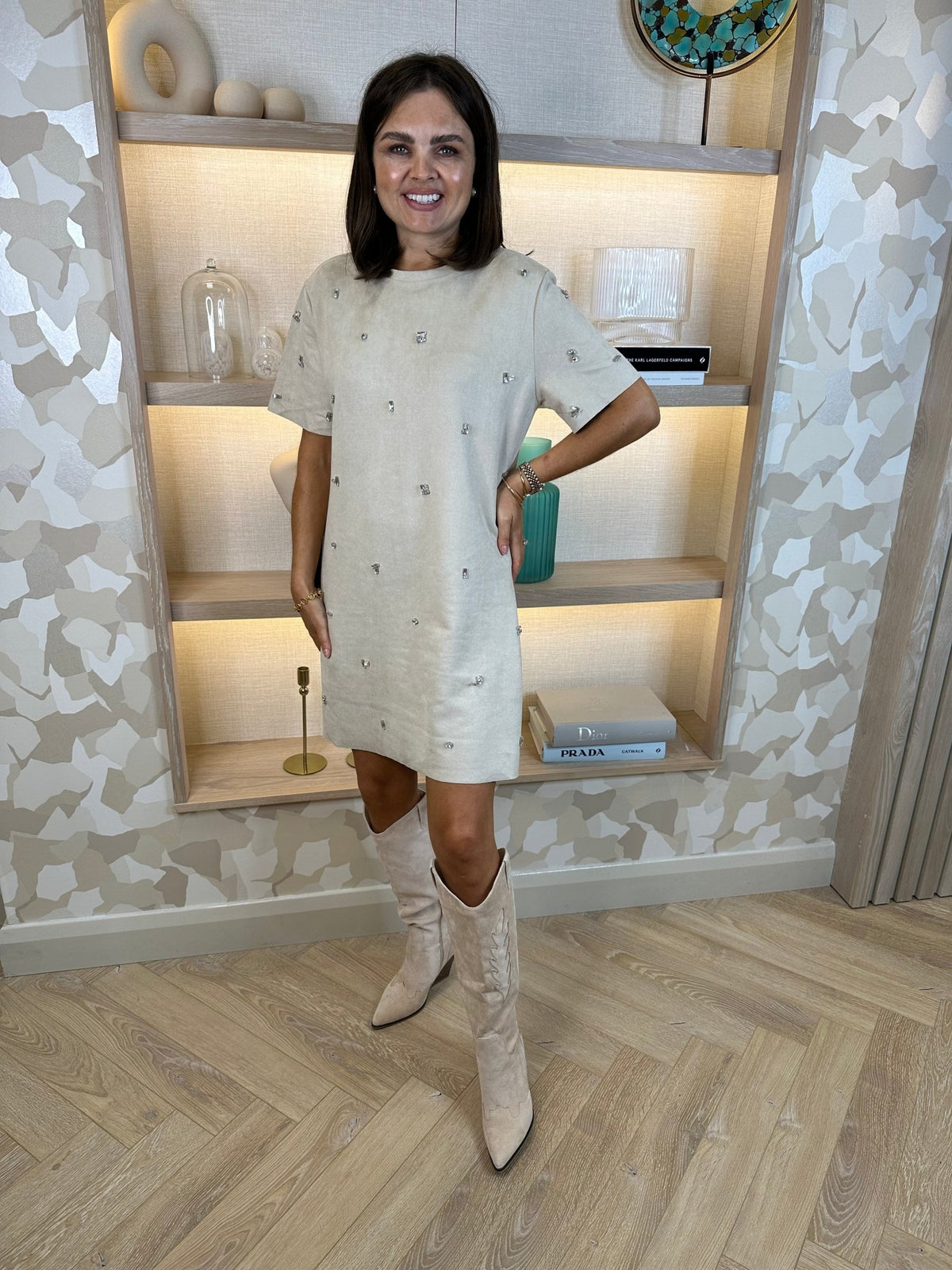 Holly Embellished T-Shirt Dress In Neutral - The Walk in Wardrobe