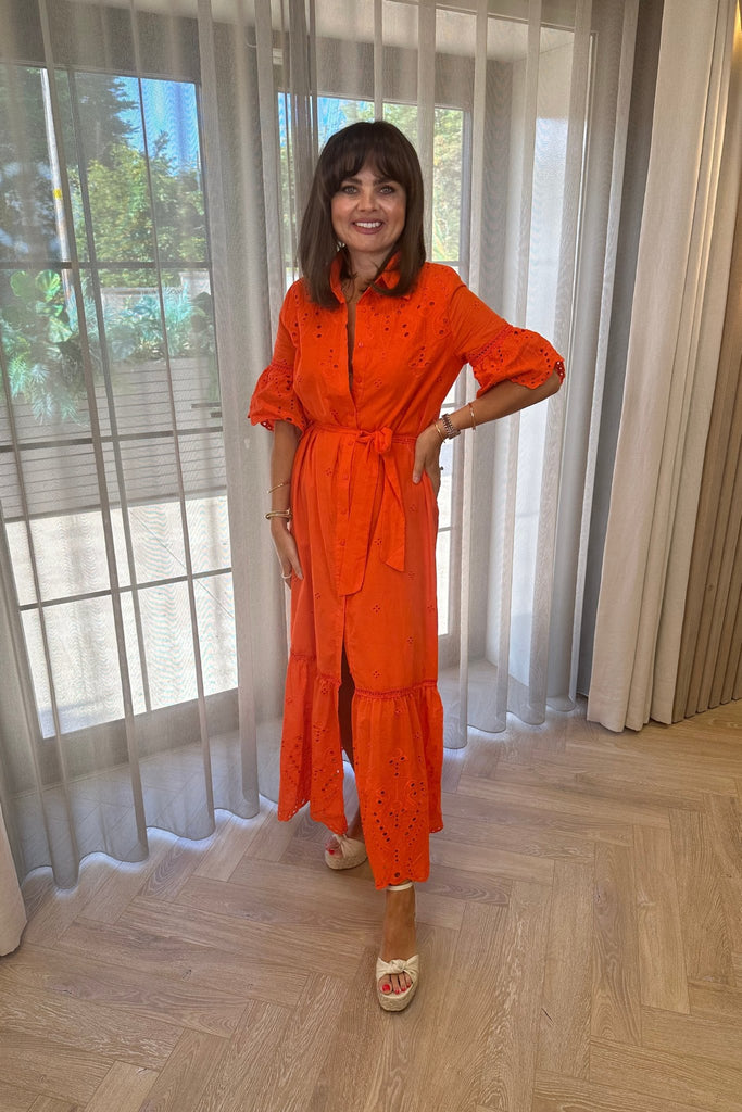 Holly Embroidered Peplum Shirt Dress In Orange - The Walk in Wardrobe