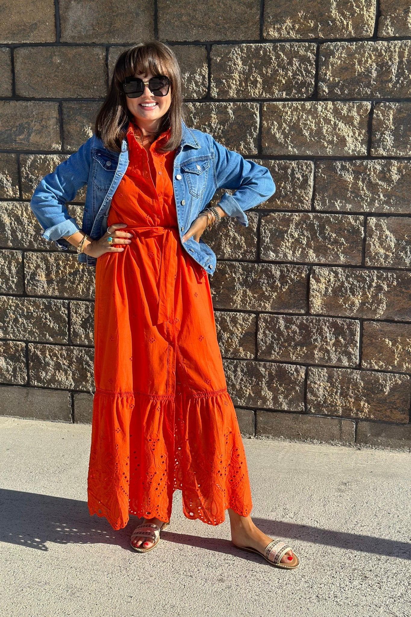 Holly Embroidered Peplum Shirt Dress In Orange - The Walk in Wardrobe
