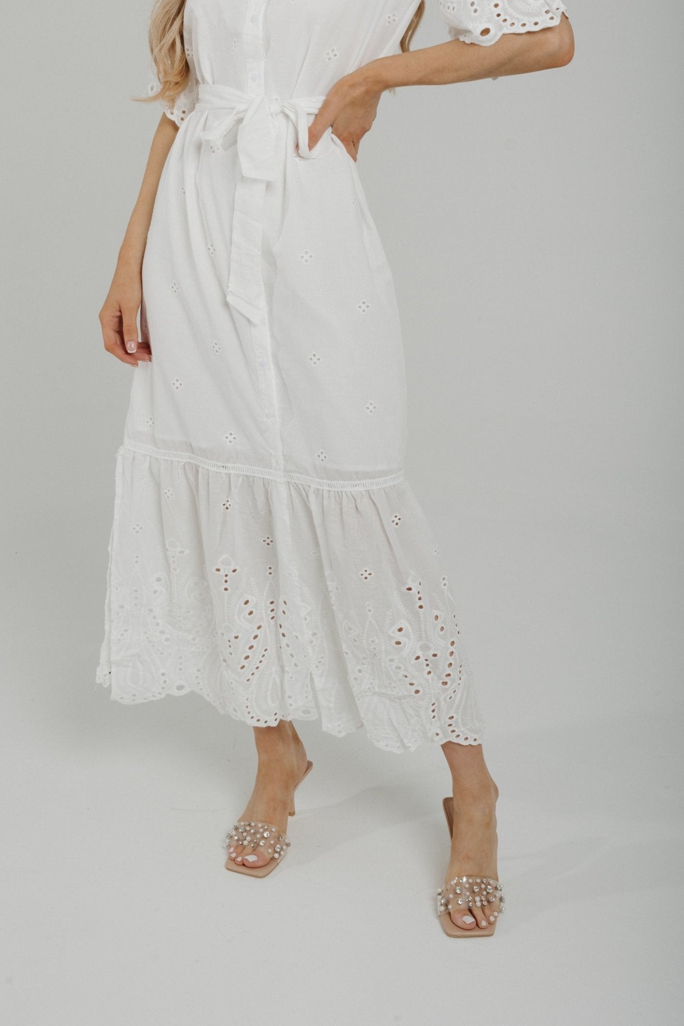 Holly Embroidered Peplum Shirt Dress In White - The Walk in Wardrobe