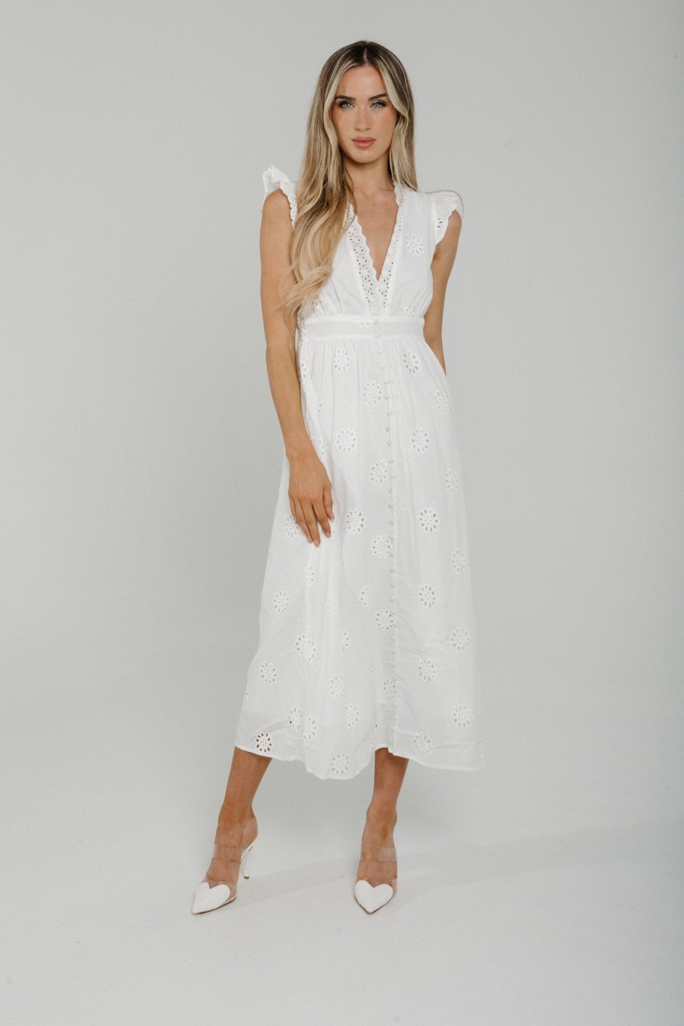 Holly Embroidered Sleeveless Dress In White - The Walk in Wardrobe
