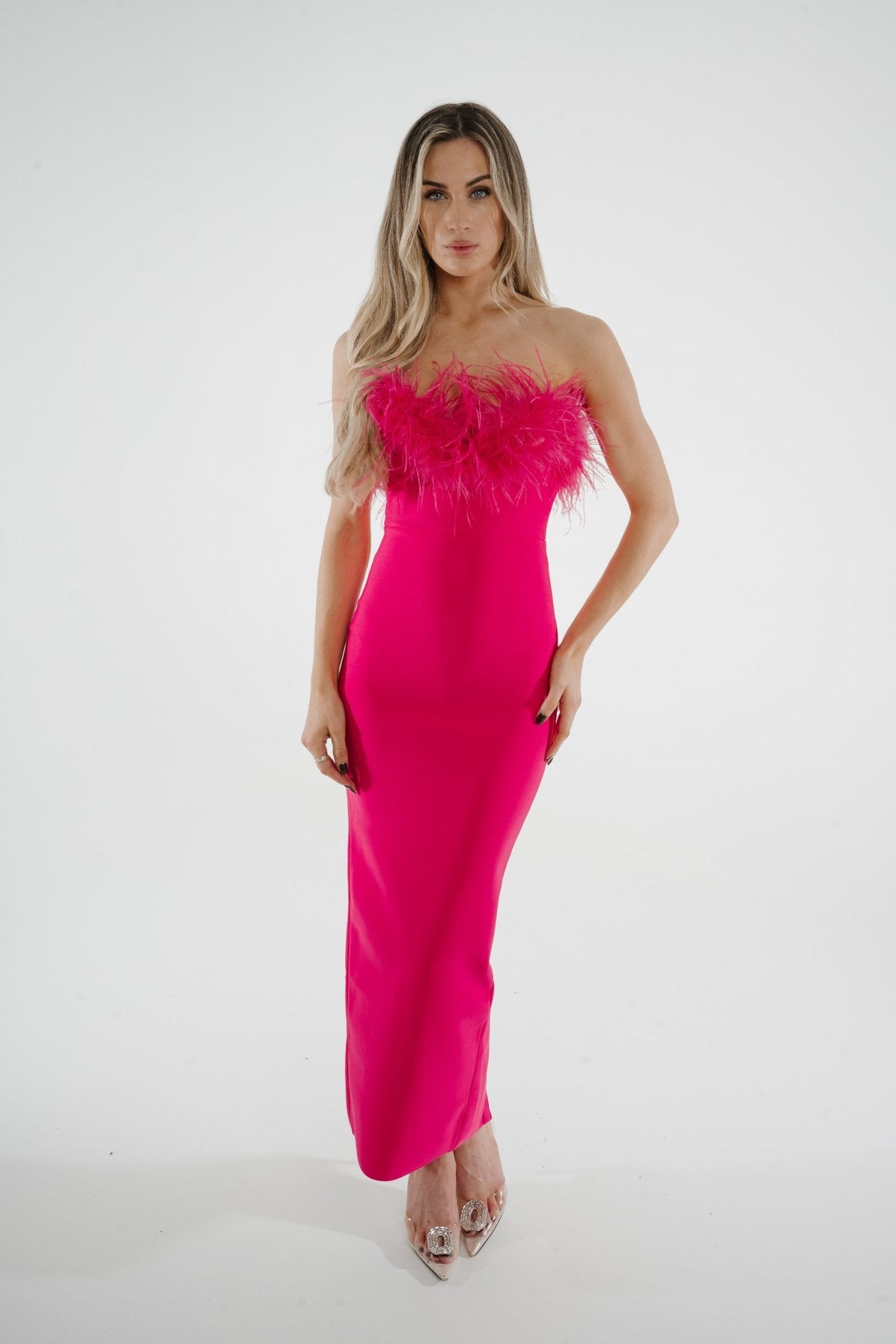 Holly Feather Bandeau Dress In Pink - The Walk in Wardrobe