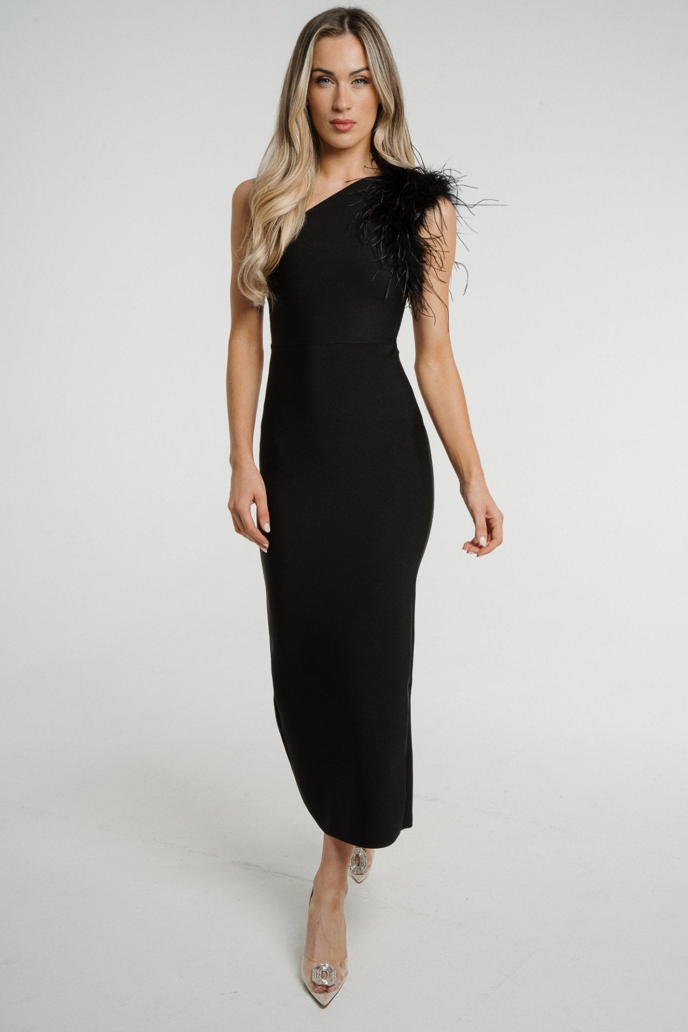 Holly Feather One Shoulder Dress In Black - The Walk in Wardrobe
