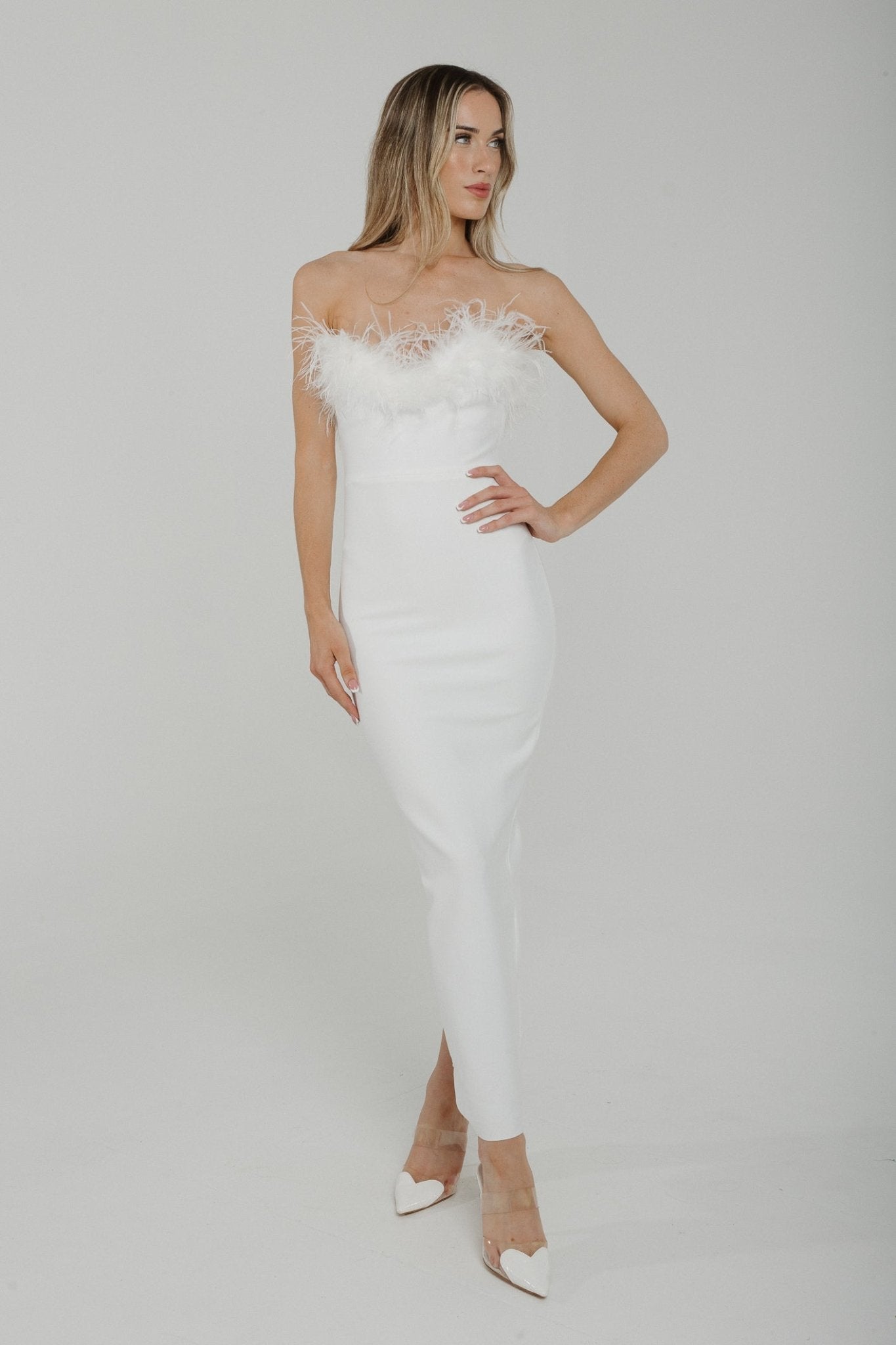 Holly Feather Trim Bandeau Dress In White - The Walk in Wardrobe