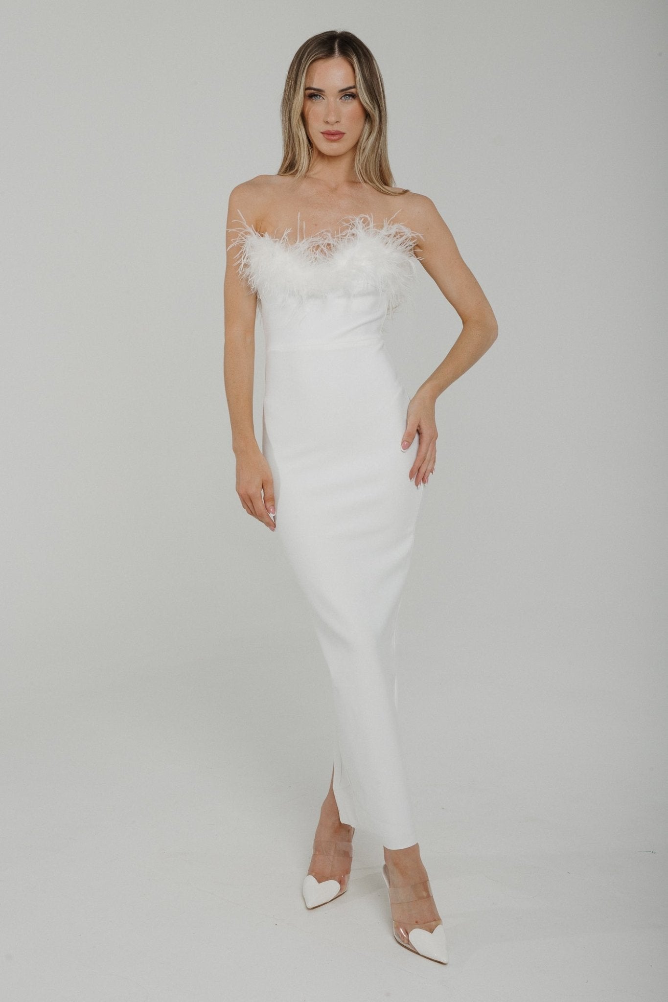 Holly Feather Trim Bandeau Dress In White - The Walk in Wardrobe
