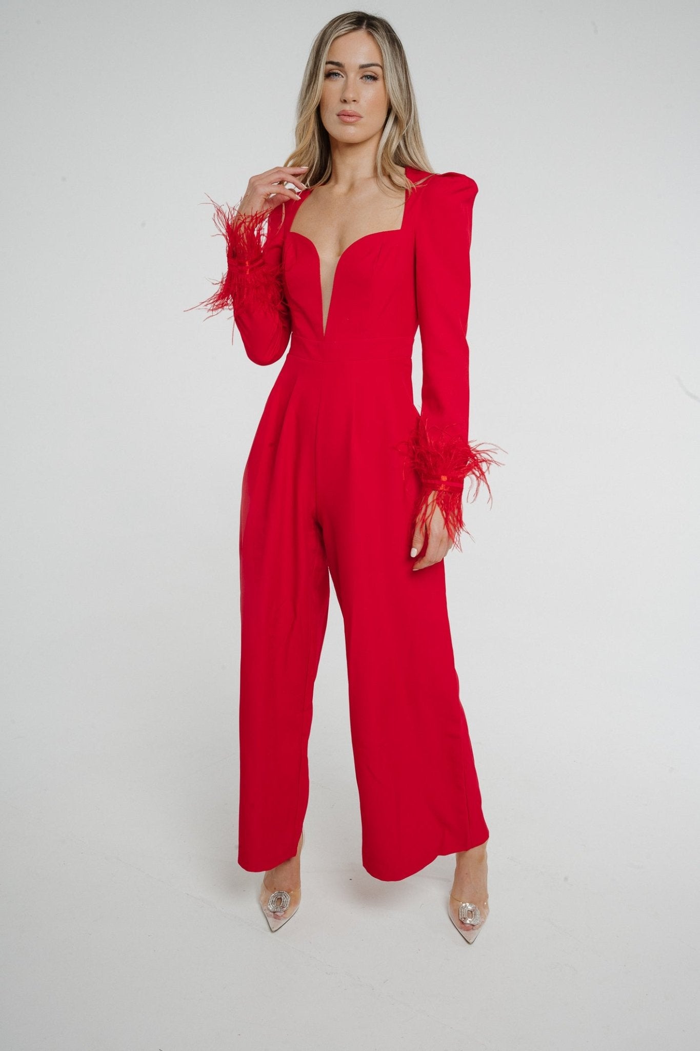 Holly Feather Trim Jumpsuit In Red - The Walk in Wardrobe