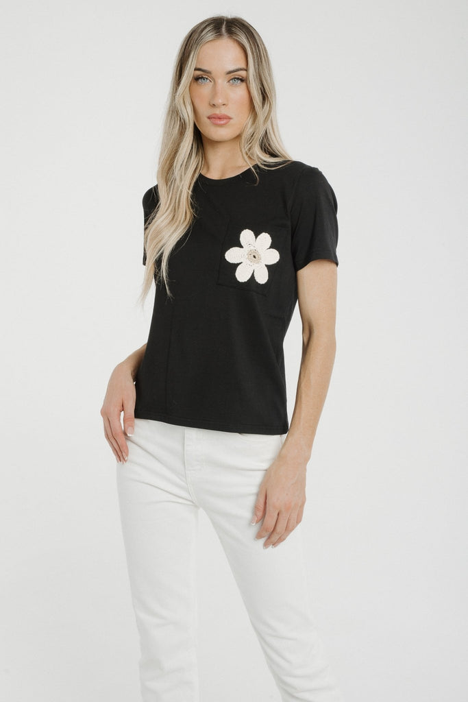 Holly Floral Detail T-Shirt In Black - The Walk in Wardrobe