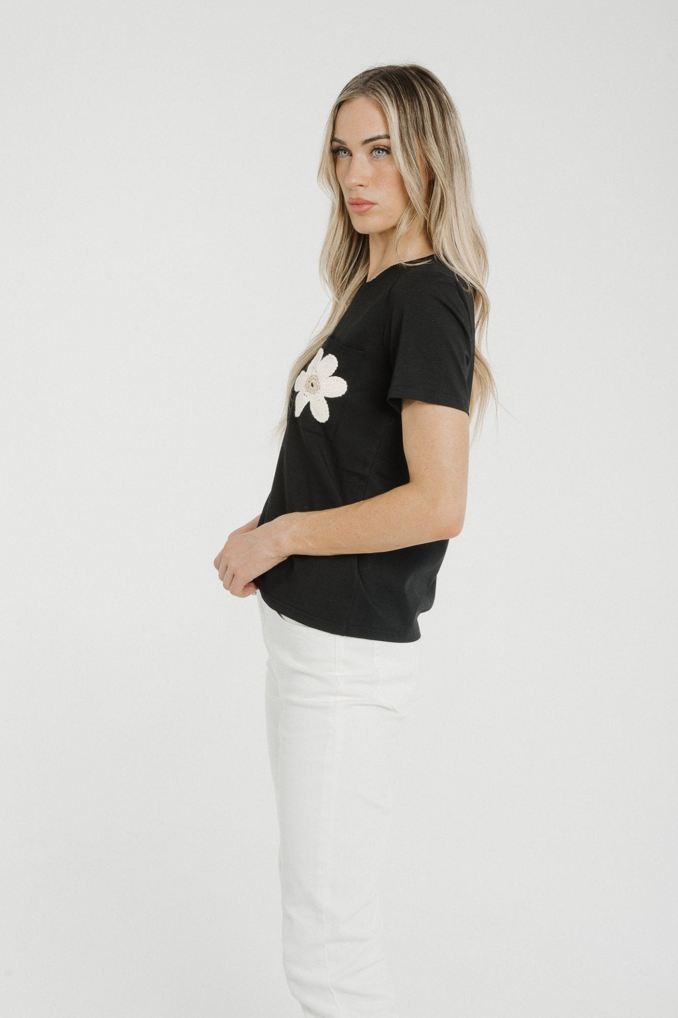 Holly Floral Detail T-Shirt In Black - The Walk in Wardrobe