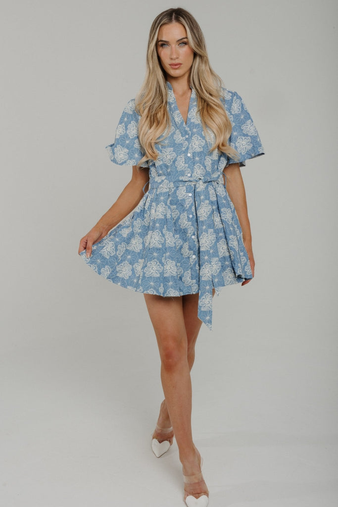 Holly Floral Embroidered Dress In Blue - The Walk in Wardrobe