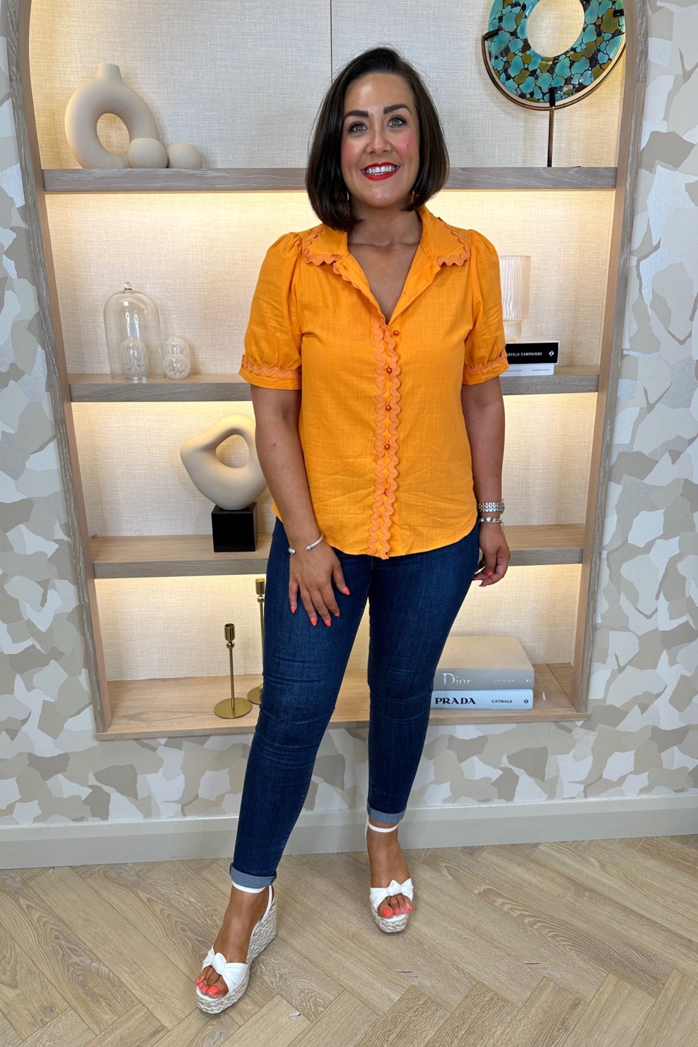 Holly Frill Blouse In Orange - The Walk in Wardrobe