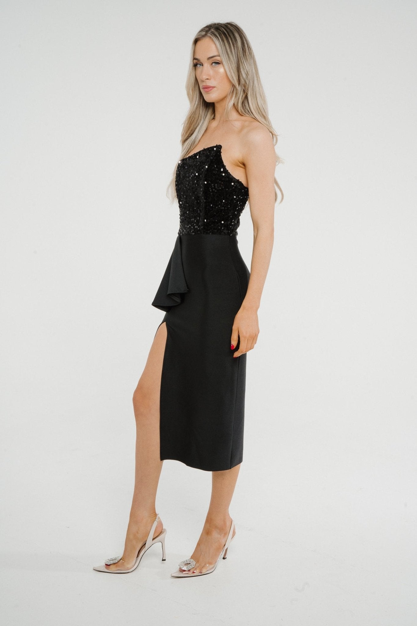 Holly Frill Front Sequin Dress In Black - The Walk in Wardrobe
