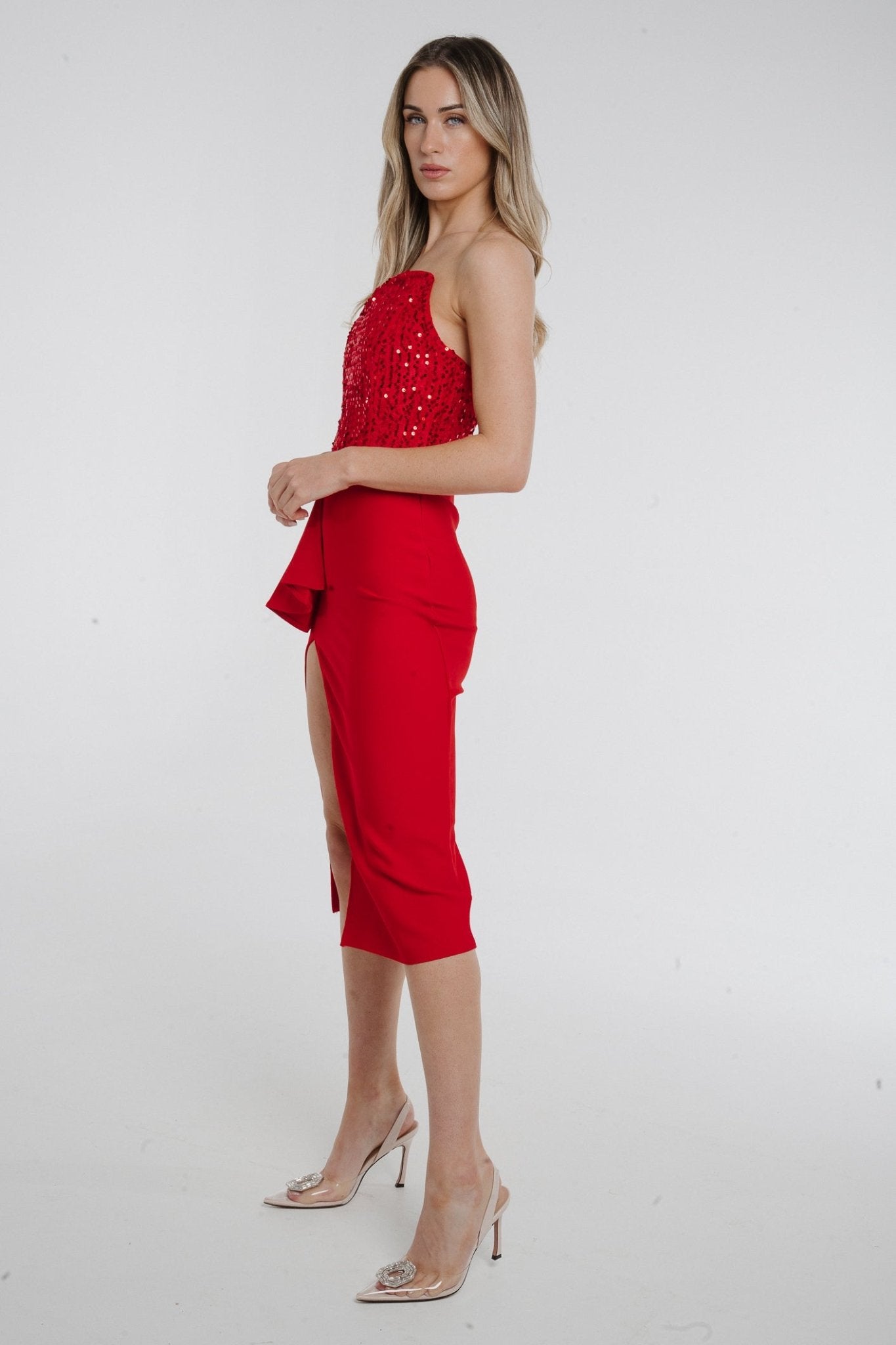Holly Frill Front Sequin Dress In Red - The Walk in Wardrobe